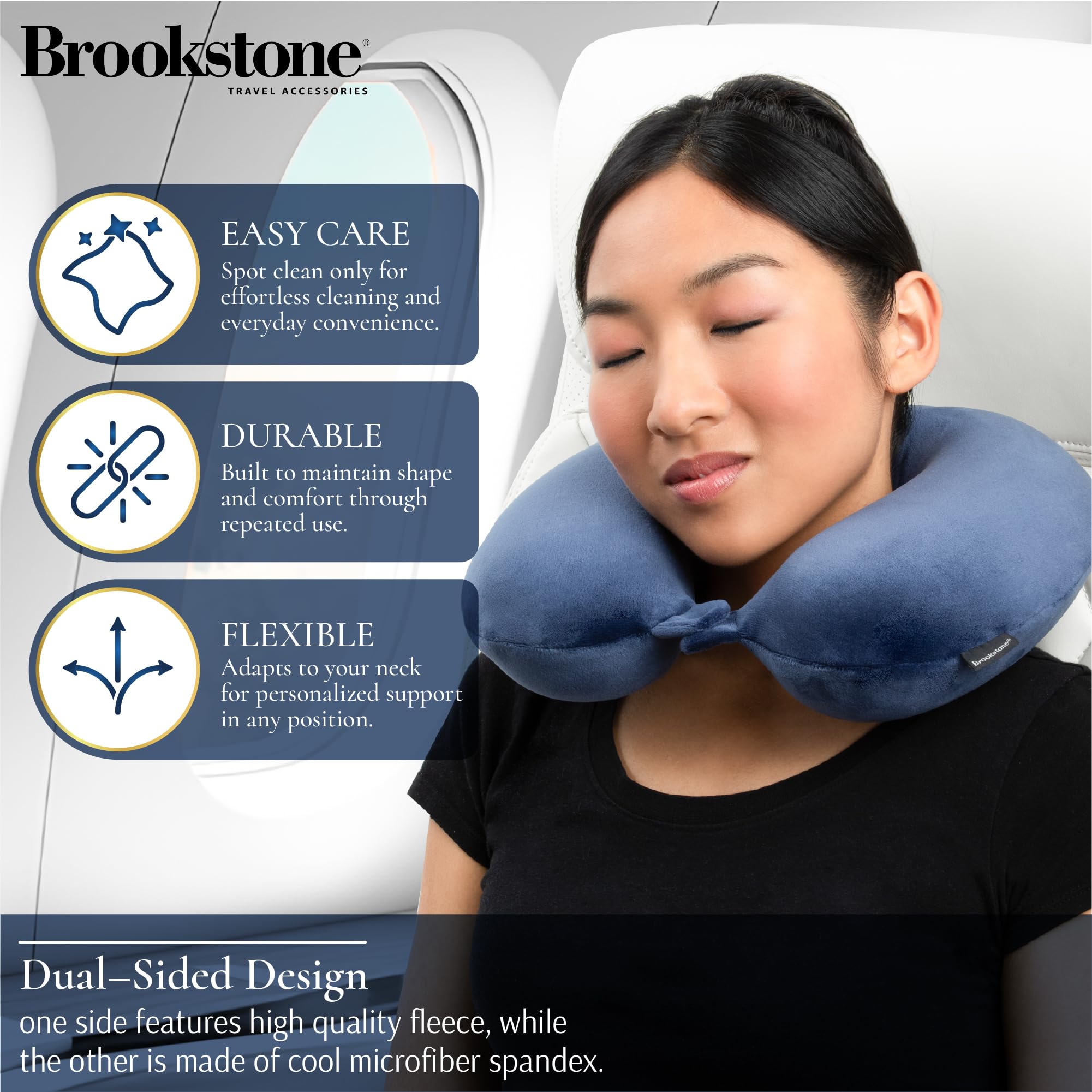 Brookstone Oreiller Cervical de Voyage en Mousse à mémoire de Forme pour Vacances, Avion, Train, Bus et Voiture, Bleu