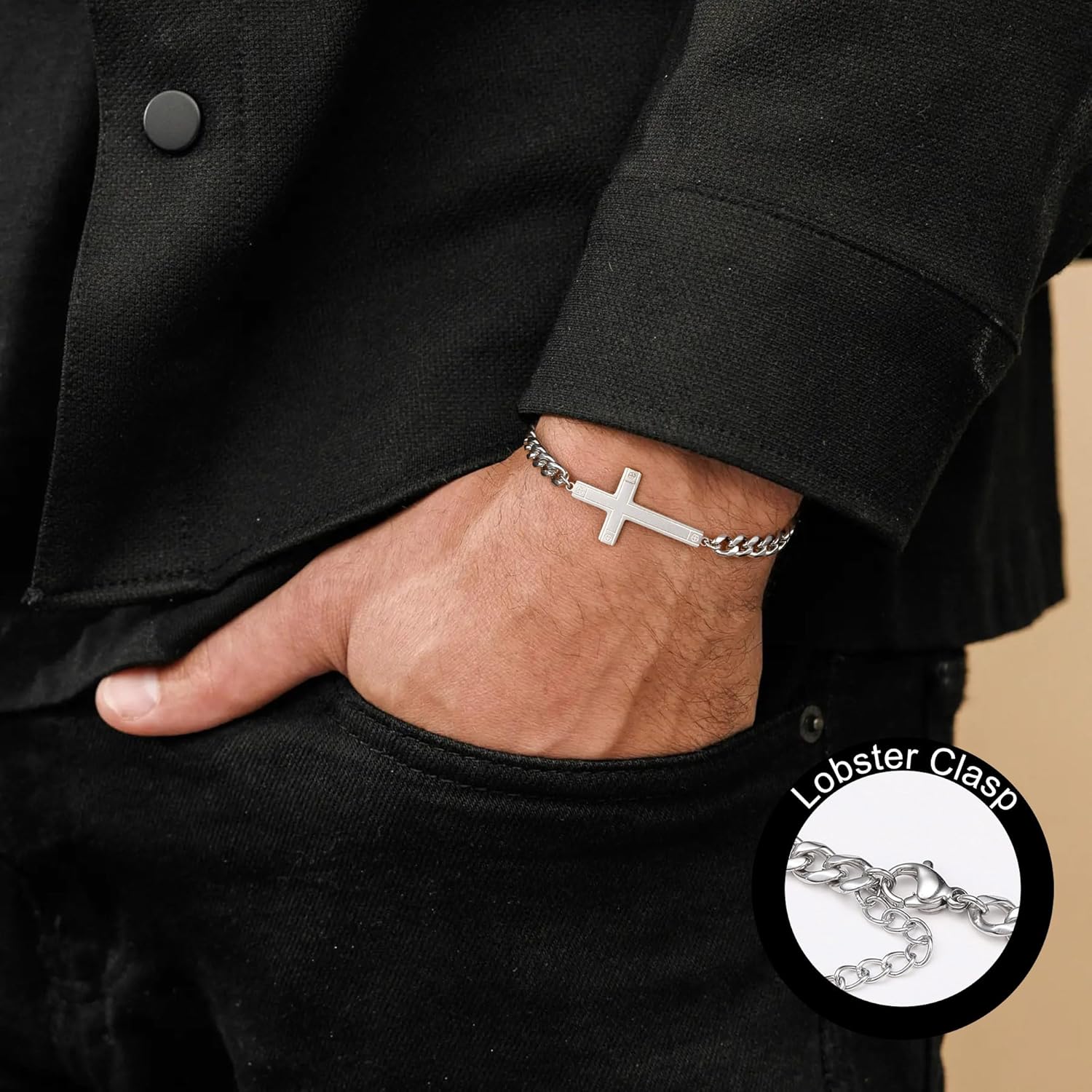 Silver Cross Bracelet for Men Teens, Stainless Steel Cuban/Figaro Cross Chain Link Bracelet 5mm 7+2 Inches, Christian Religious Jesus Confirmation Jewelry Gifts for Him - Image 2