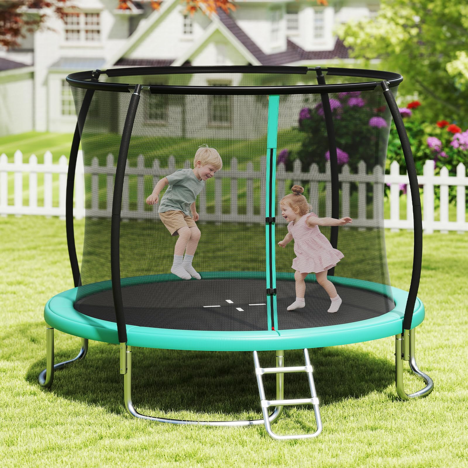 COSTWAY Ø244 cm/305 cm/366 cm Trampolin Outdoor mit Leiter, Gartentrampolin rund mit Sicherheitsnetz, Randabdeckung & Metallrahmen, Kindertrampolin Komplett Set für Kinder & Erwachsene