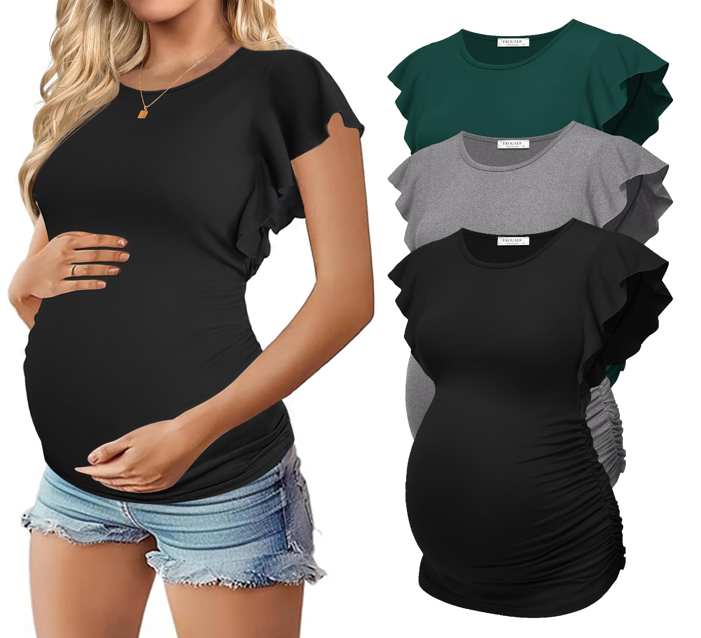 Ekouaer Womens Maternity Shirts 3 Packs Flying Short Sleeve Pregnancy Tops Side Ruched Tunic Blouse Mama Clothes S-XXL