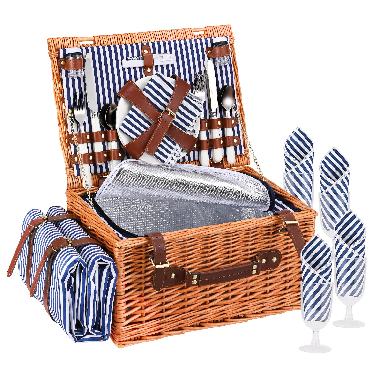 Cestino Picnic In Vimini Per 4 Persone - Con Set Posate, Coperta E Scomparto Termico, Rosa