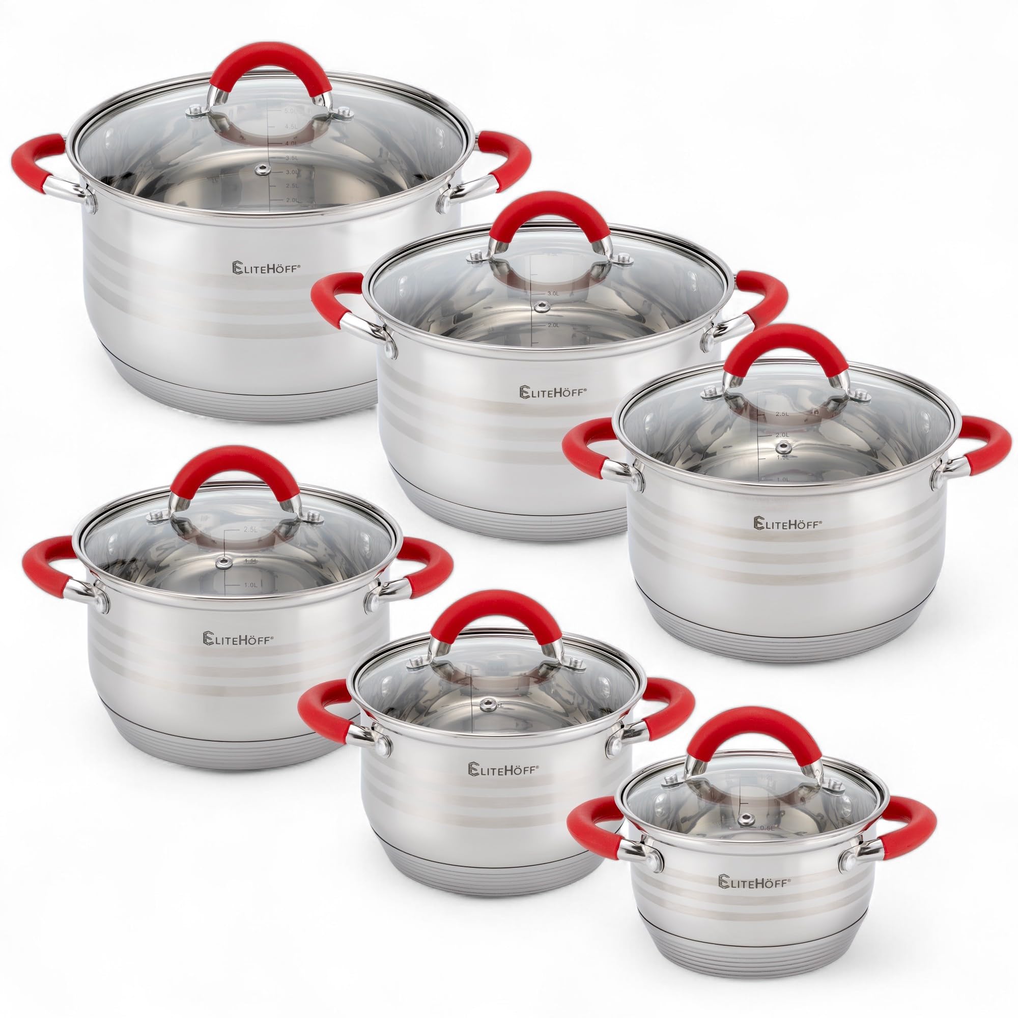 EliteHoff Set di pentole a induzione da 12 pezzi, pentola in acciaio inossidabile a 7 strati, set di 6 pentole con coperchi e maniglie in silicone, per tutti i tipi di pentole, rosso (E-4028)