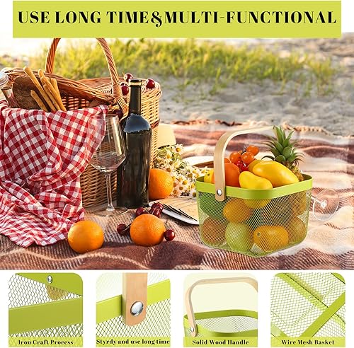 Miniatura 3 de Dandat Cesta organizadora de almacenamiento de acero de malla, cesta de jardín de alambre de malla metálica con mango de madera, cesta de frutas,