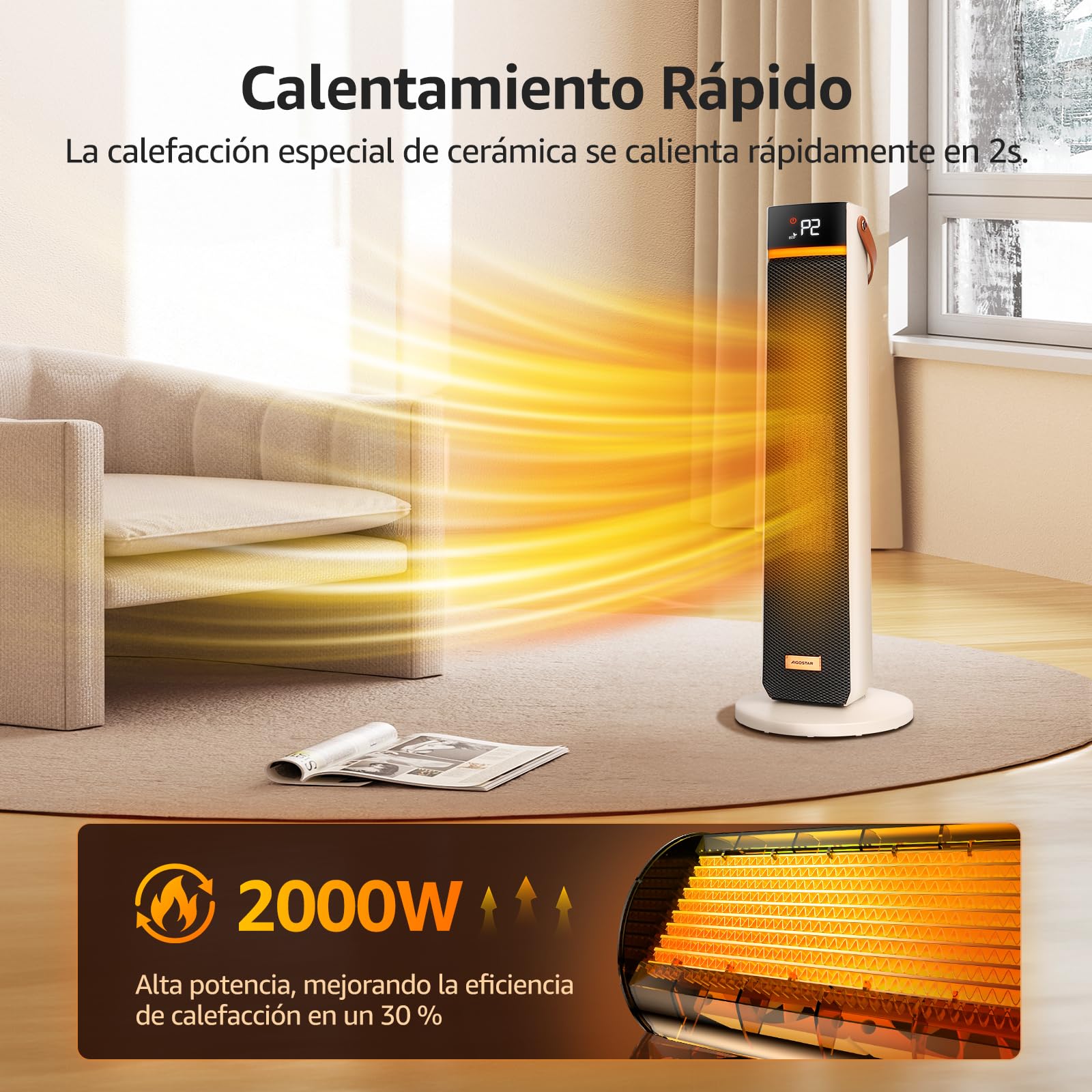 Aigostar Calefactor Cerámico con Luz Nocturna, Mando a Distancia y Pantalla Táctil LED, 2000W, Función ECO, 4 Modos, Silencioso, Temporizador 24H, Temperatura Ajustable 5-35°C, Oscilación y Asa
