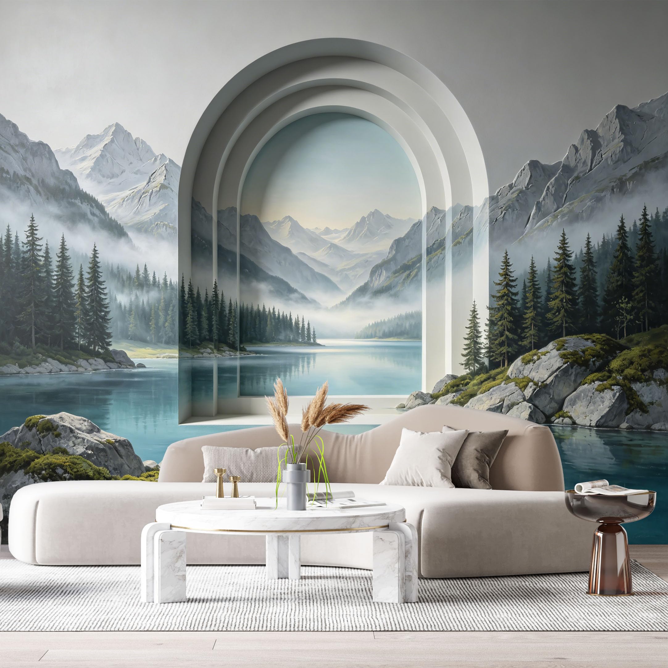 Custom Size Wall Murals Mountain Lake Landscape Archway 3D Trompe L'Oeil SelfAdhesiveWall Fabric Removable Wallpaper Wall Decor for Living Room Bedroom Bathroom