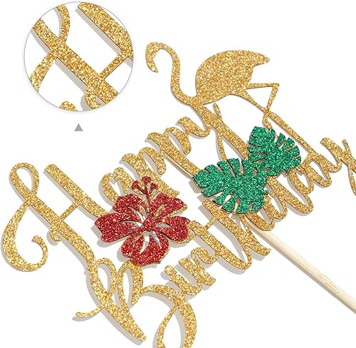 Miniatura 7 de Decoración para tarta de cumpleaños con flamenco con purpurina, decoración hawaiana para tartas de cumpleaños, temática tropical hawaiana Luau para