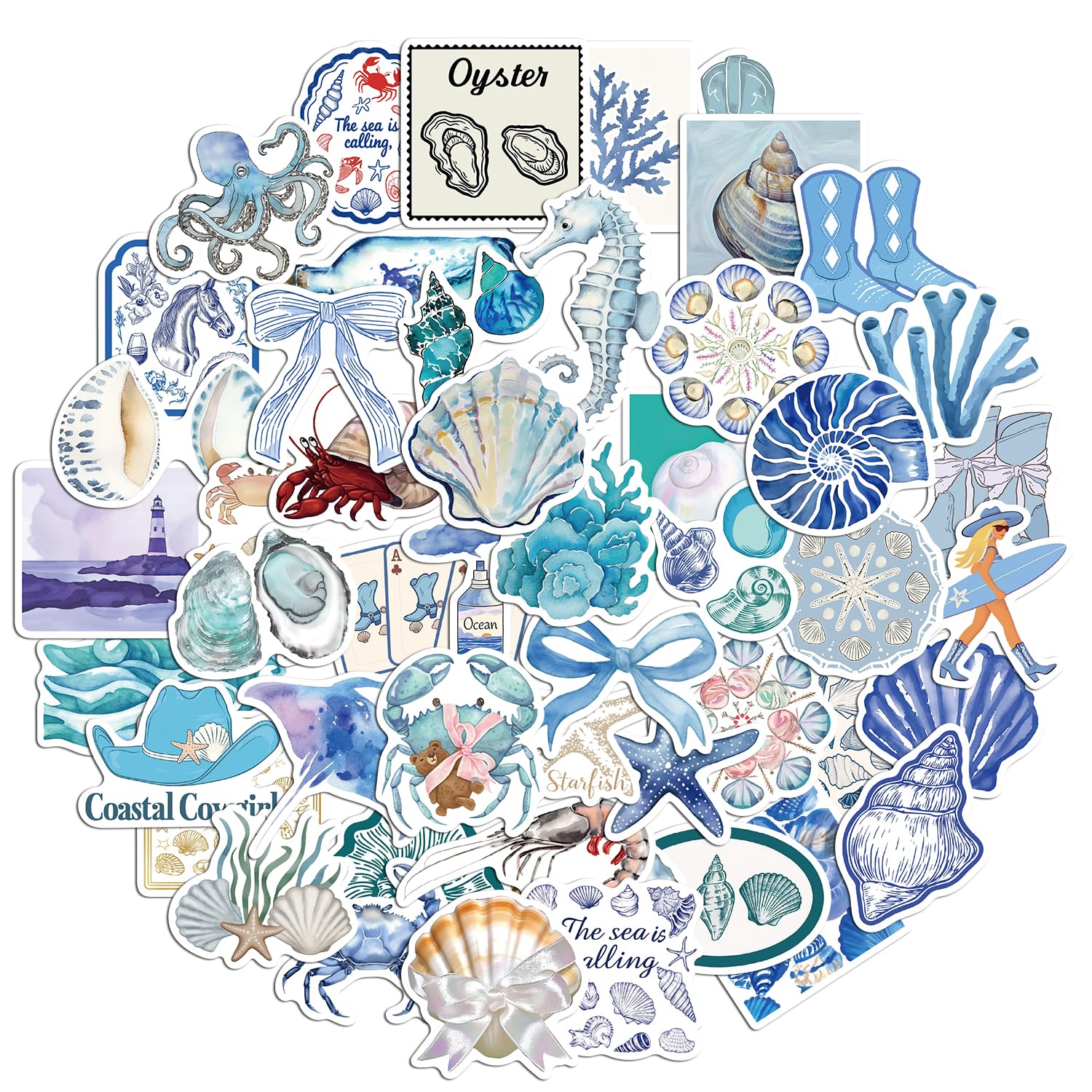 50 Pcs Blue Ocean Stickers, Waterproof Adhesive Sea Creature Themed Stickers Funny Blue Marine Life Decals for Scrapbook Luggage Journal Water Bottle Decoration