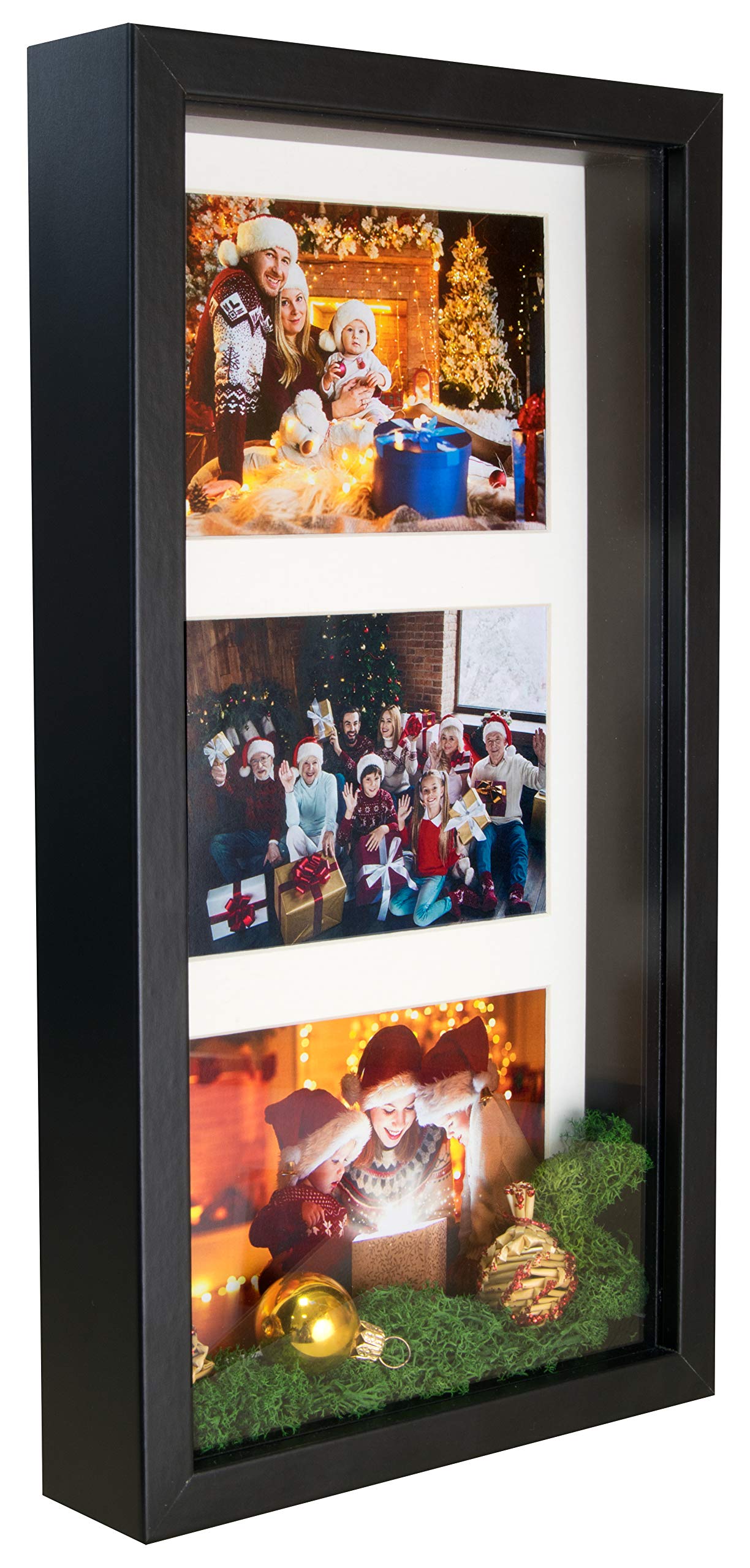 BD ART 7x14 inch Black Shadow Box 3D Picture Frame with Mat for 3 pictures 4x6, PlexiGlass Front Standing Photoframe, for Filling, for Objects, Photos, Souvenirs, Crafts,Baby Items, dried Flowers