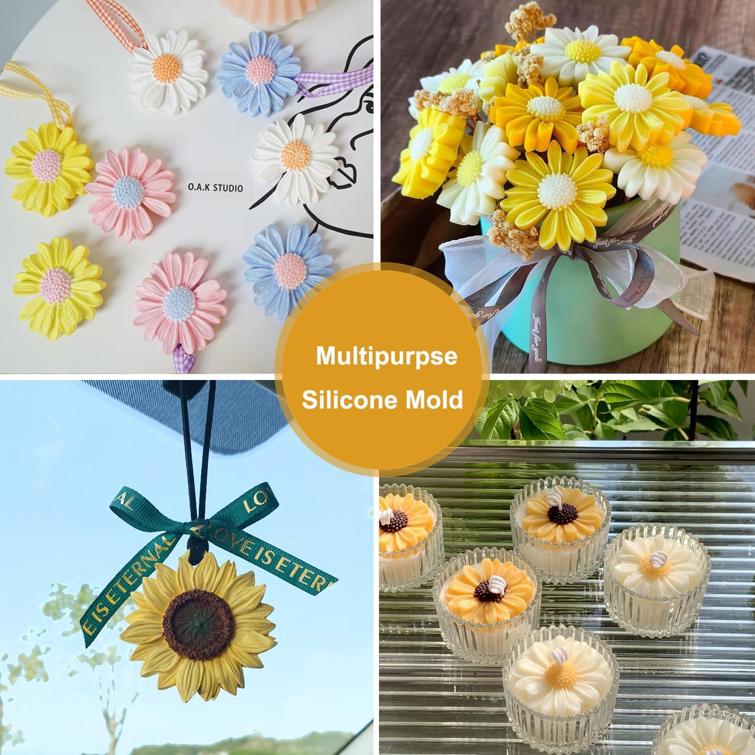 54Pack Silicone Flower Mold for Candles Set, 4pack Daisy Sunflower Molds with 50 Wicks for Handmade Soaps, Bath Bombs, Resin,Gift Making for Valentine and Mother's Day