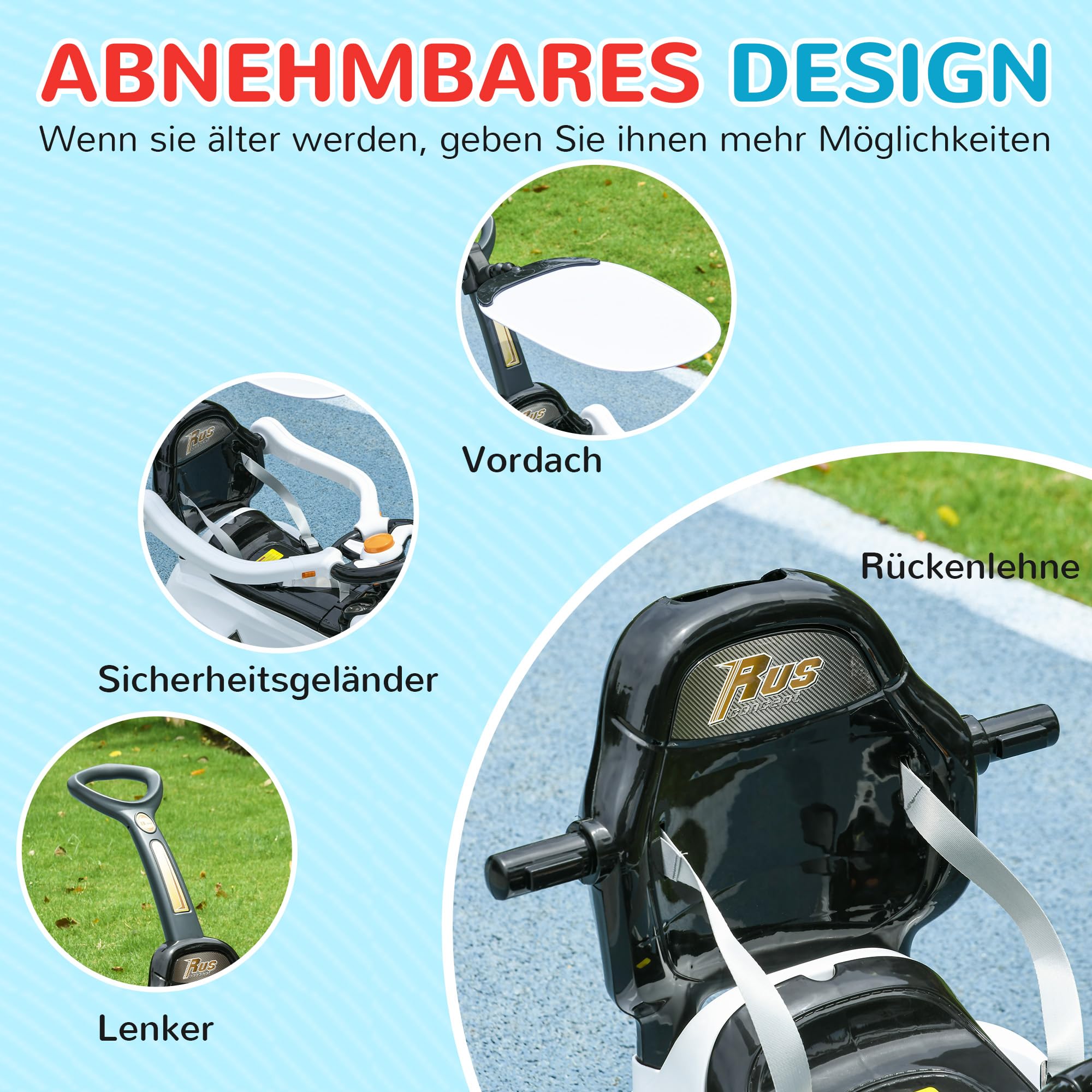 AIYAPLAY Rutschauto Rutscher Kinderauto Kinderfahrzeug Schub- und Haltestange mit Rückenlehne Schutzbügel, Lauflernhilfe für Kinder 12-36 Monate Weiß+Schwarz
