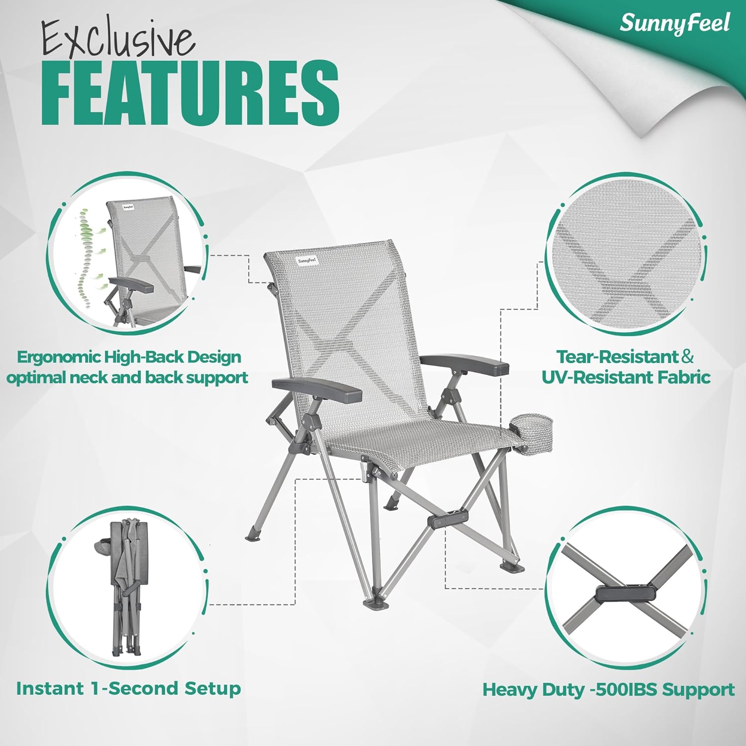 SUNNYFEEL Folding Camping Chair Heavy Duty Ergonomic Chairs Support 500lbs with Adjustable Breathable High Back Support and Cup Holder, Aluminum Frame for Fishing, Camp, Beach, Lawn, RV, Patio - Image 5