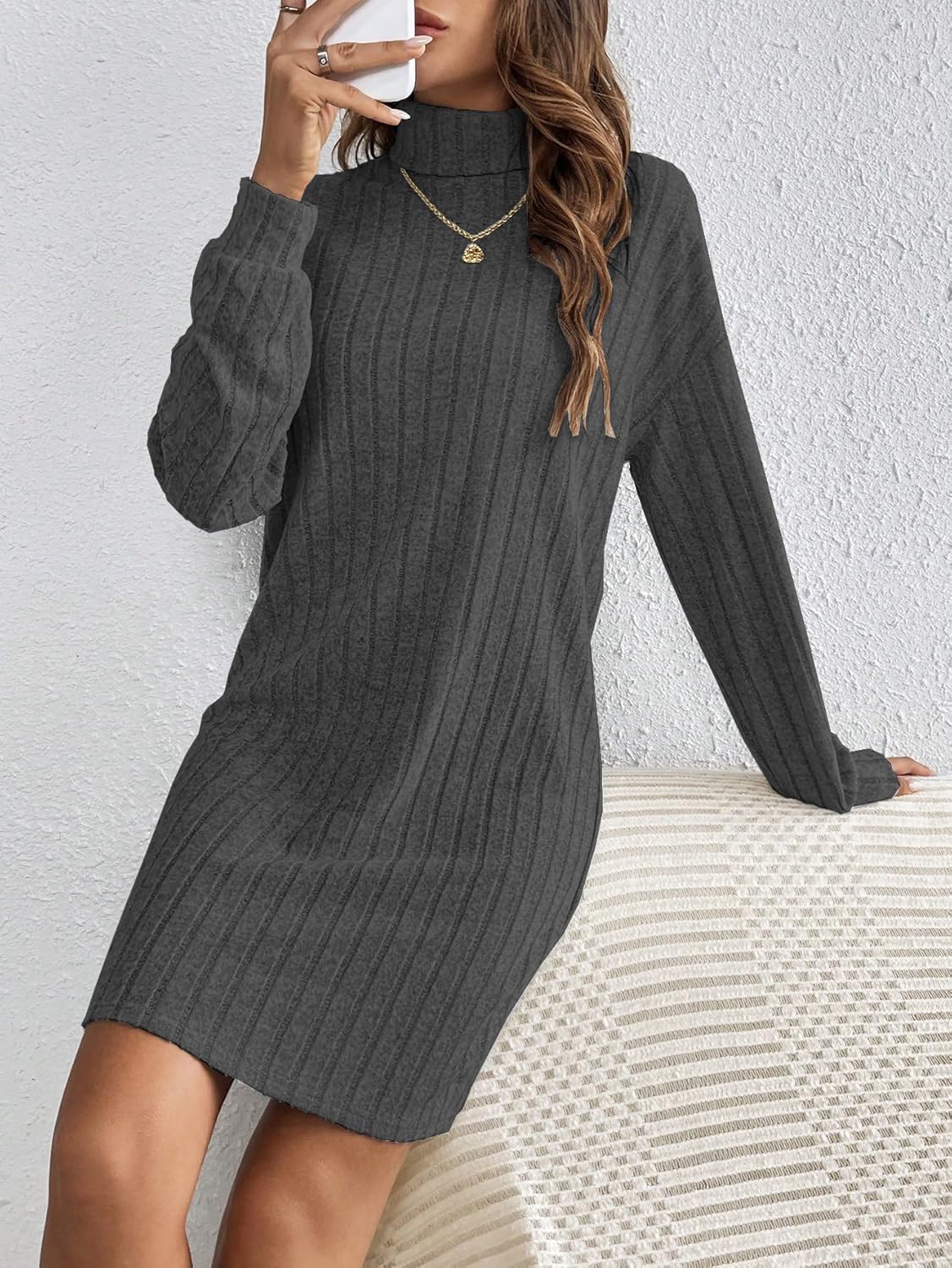HBQ Women's Pullover Sweater Dress Casual Turtleneck Ribbed Long Lantern Sleeve Mini Knit Dresses 2025 Fashion - Image 4