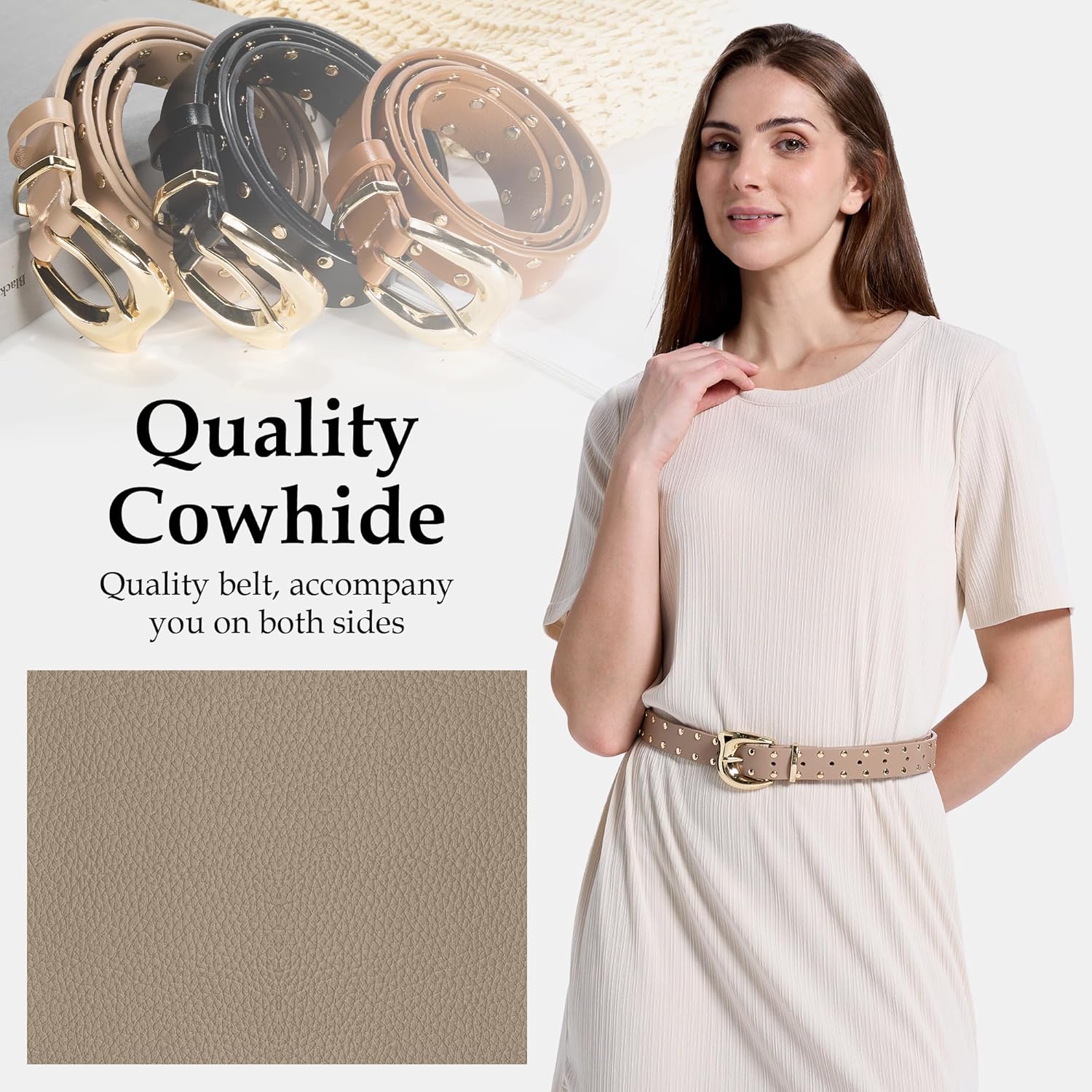 Women's Studded Leather Belts,Adjustable Womens Belts,Suitable for Jeans and Dresses Punk Belt,Length 105cm/116cm - Image 3