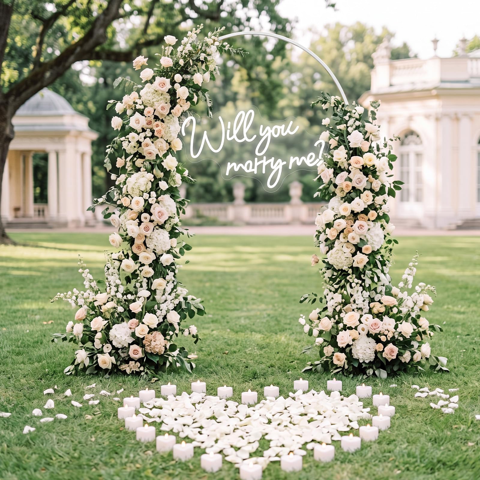 Coume Kit de decoración de propuesta de boda de 7 pies, letrero de neón grande de metal, 24 velas LED de corazón y 2000 pétalos de rosa blancos para propuesta al aire libre, boda, compromiso