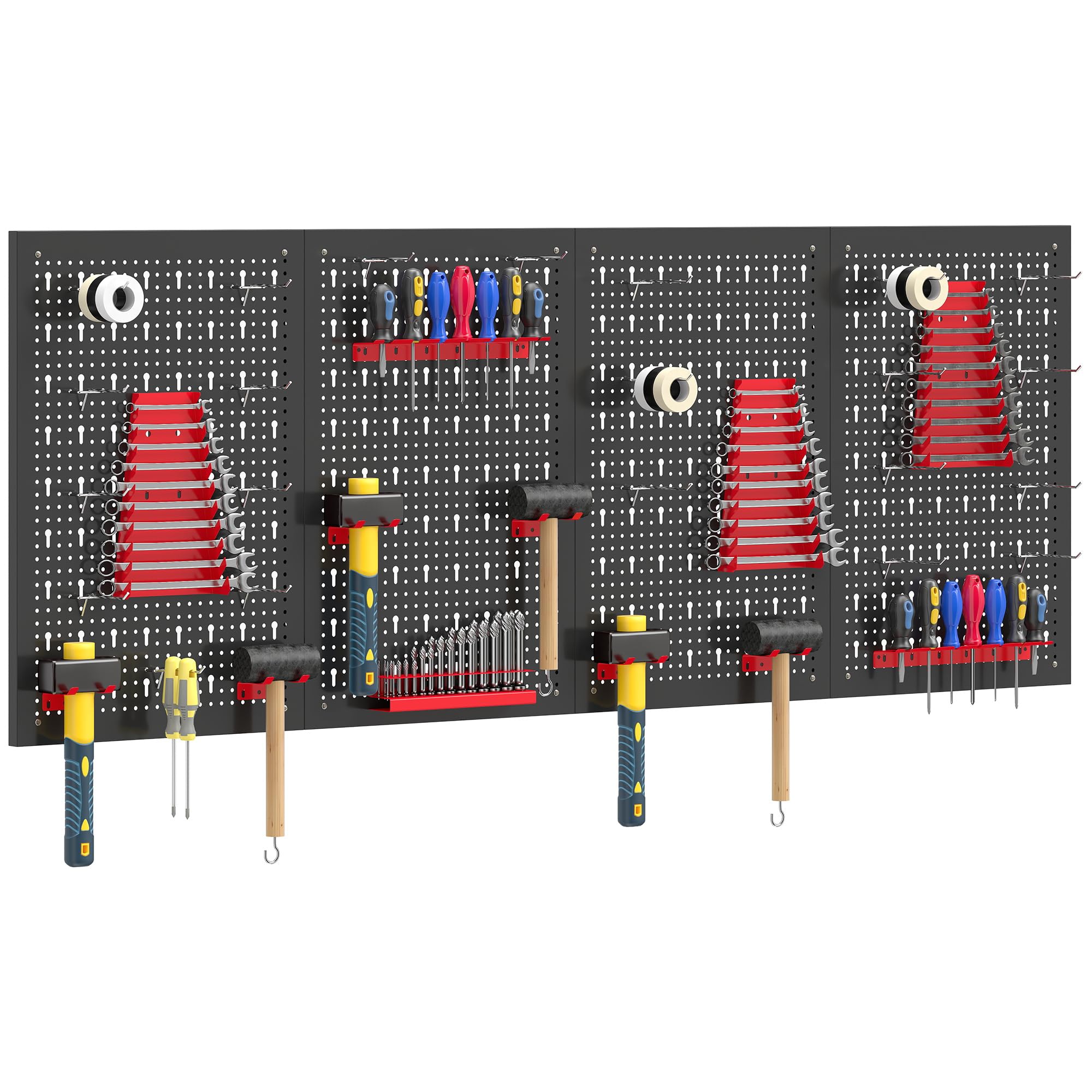 Homcom Black And Red 38 Pcs Wall-Mounted Pegboard With Hooks And Storage Shelves, 4 Panels Set Garage Diy Storage Unit