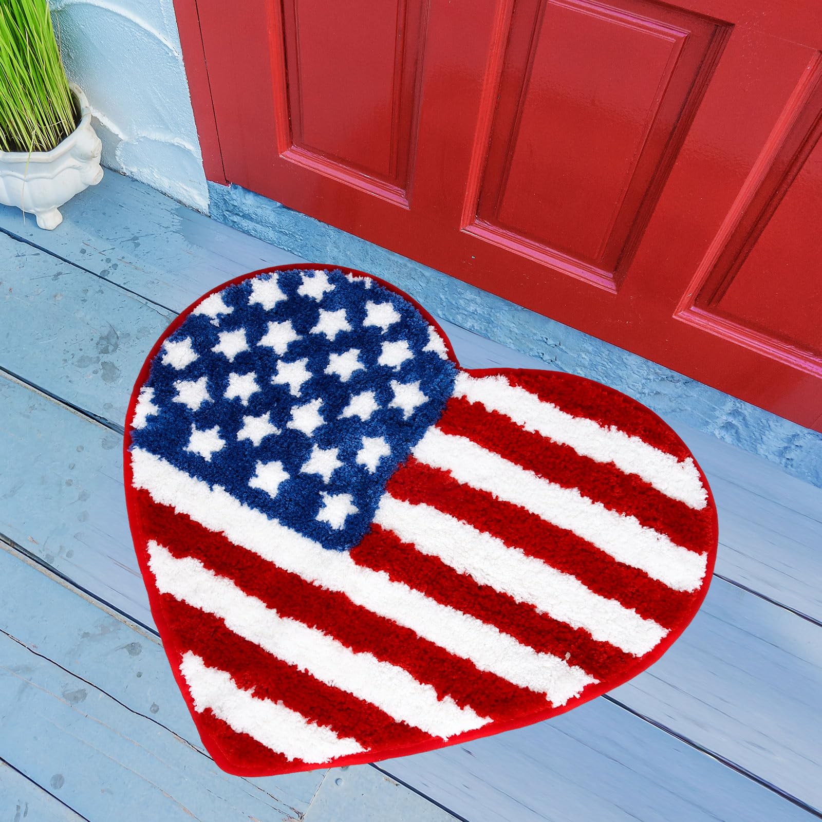 Whaline Independence Day Bath Rug 4th of July Patriotic Heart Shape Stars Stripes Bath Mat Non Slip Shower Rugs Front Door Mat Carpet Floor Rug for