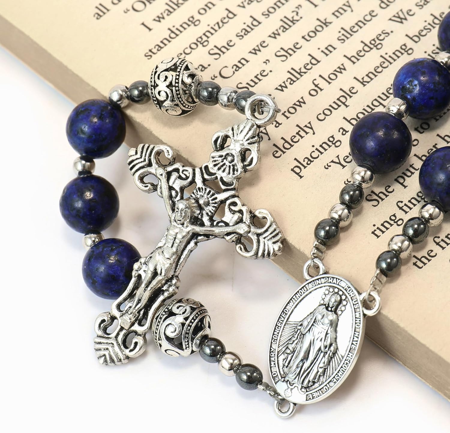 Nazareth Store Genuine Rosary Stone Beads Necklace Metal Beaded Glory Beads Miraculous Medal & Silver Cross Crucifix For Men and Womens - Image 2