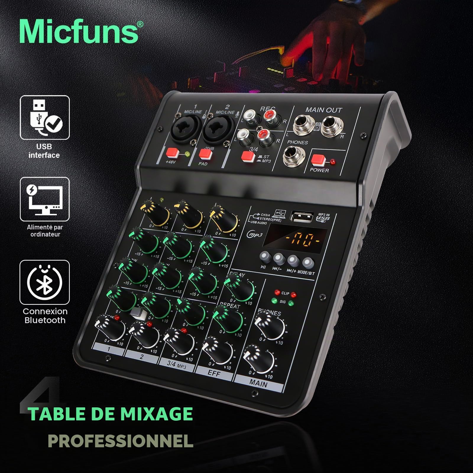 Console de mixage audio M4 canaux 48 V pour studio karaoké portable