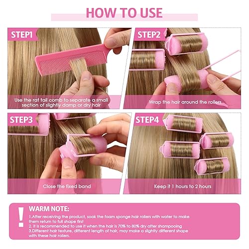 Miniatura 4 de Syhood 48 rodillos de esponja de espuma, rizadores suaves para dormir, rizadores de esponja flexible y peine de cola de rata para mujeres peinados