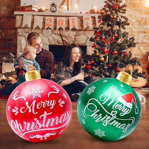 Miniatura 4 de 2 adornos de Navidad de 24 pulgadas, bolas decorativas grandes de PVC flocado, adornos de fiesta temática de Navidad para césped, jardín, patio y