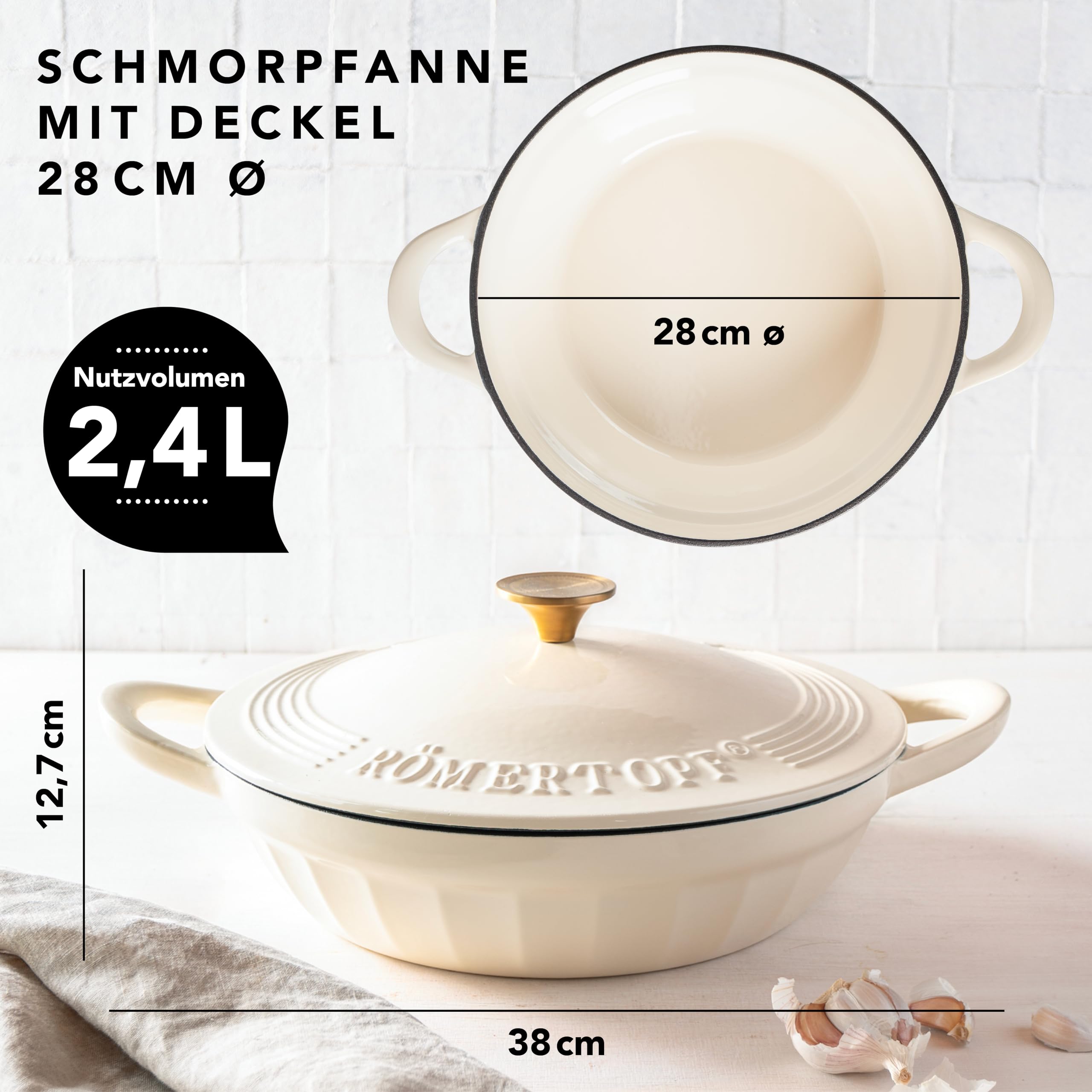 Römertopf Schmorpfanne Gusseisen 28 cm 2,4 L mit Deckel, Creme | Sautépfanne zum Anbraten und Schmoren, alle Herdarten inklusive Induktion, ofenfest 250 °C, PFAS-frei