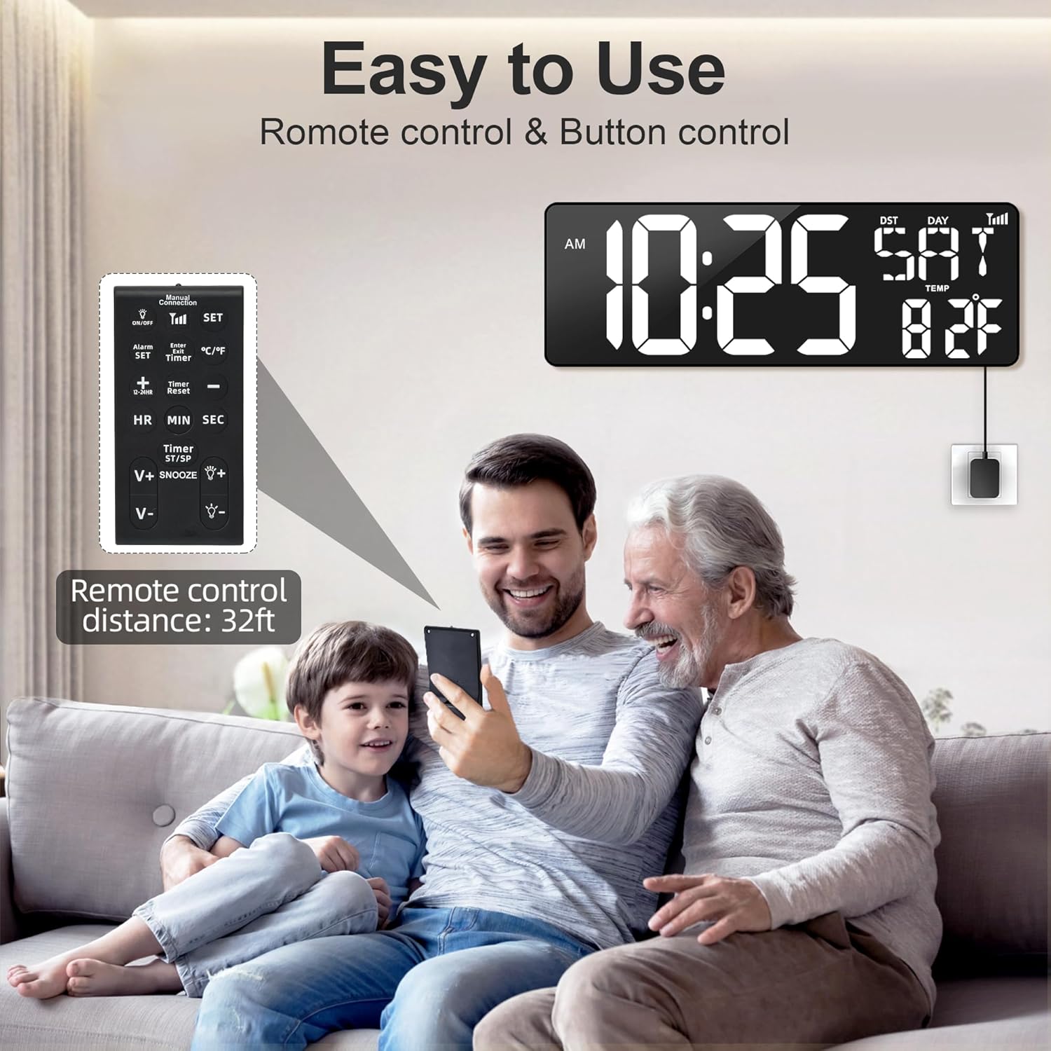 XREXS 17.2" Digital Wall Clock with Remote Control, Bluetooth Sync Time LED Digital Clock for Living Room Decor, Auto DST, Temperature for Living Room, Gift for Elderly and Teens