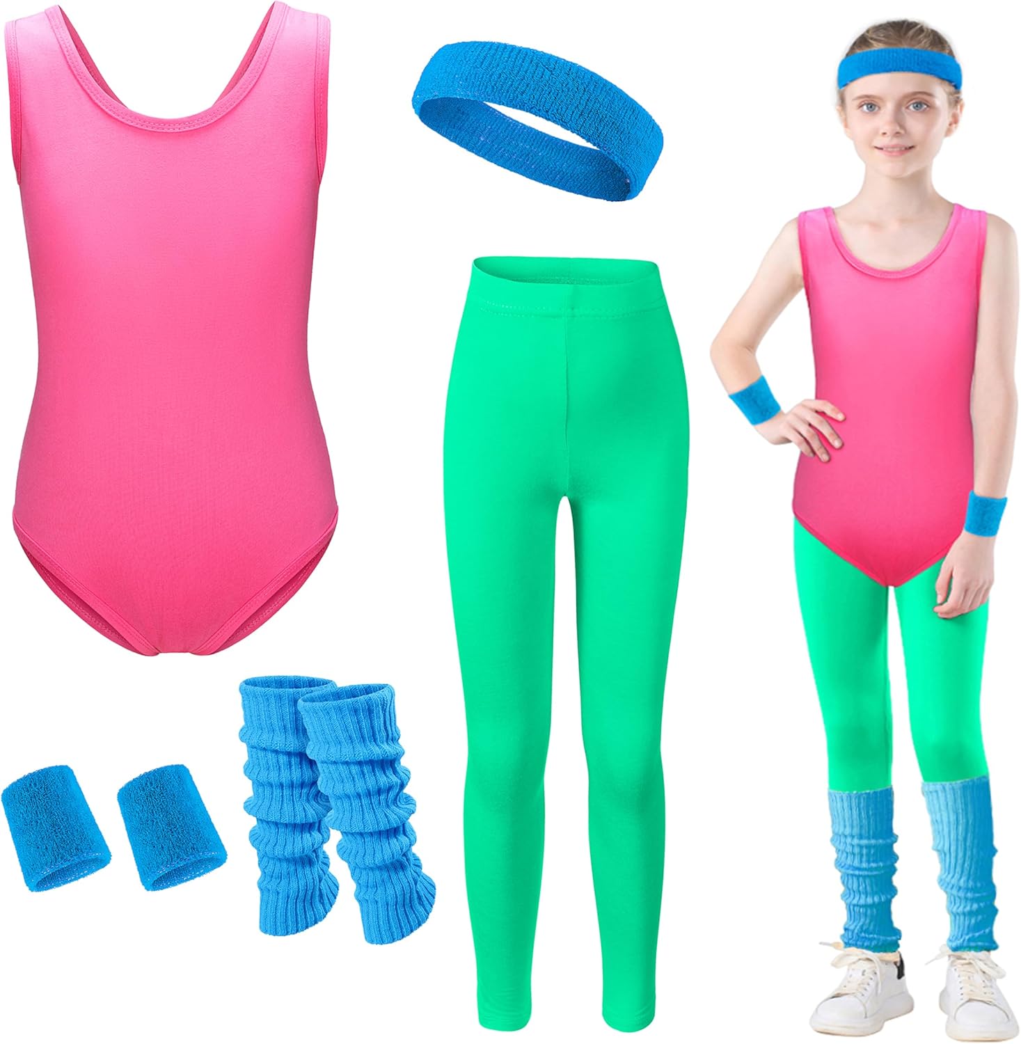 Kids 80s 90s Workout Costume for Girls Neon Party Halloween Cosplay 5Pcs Set