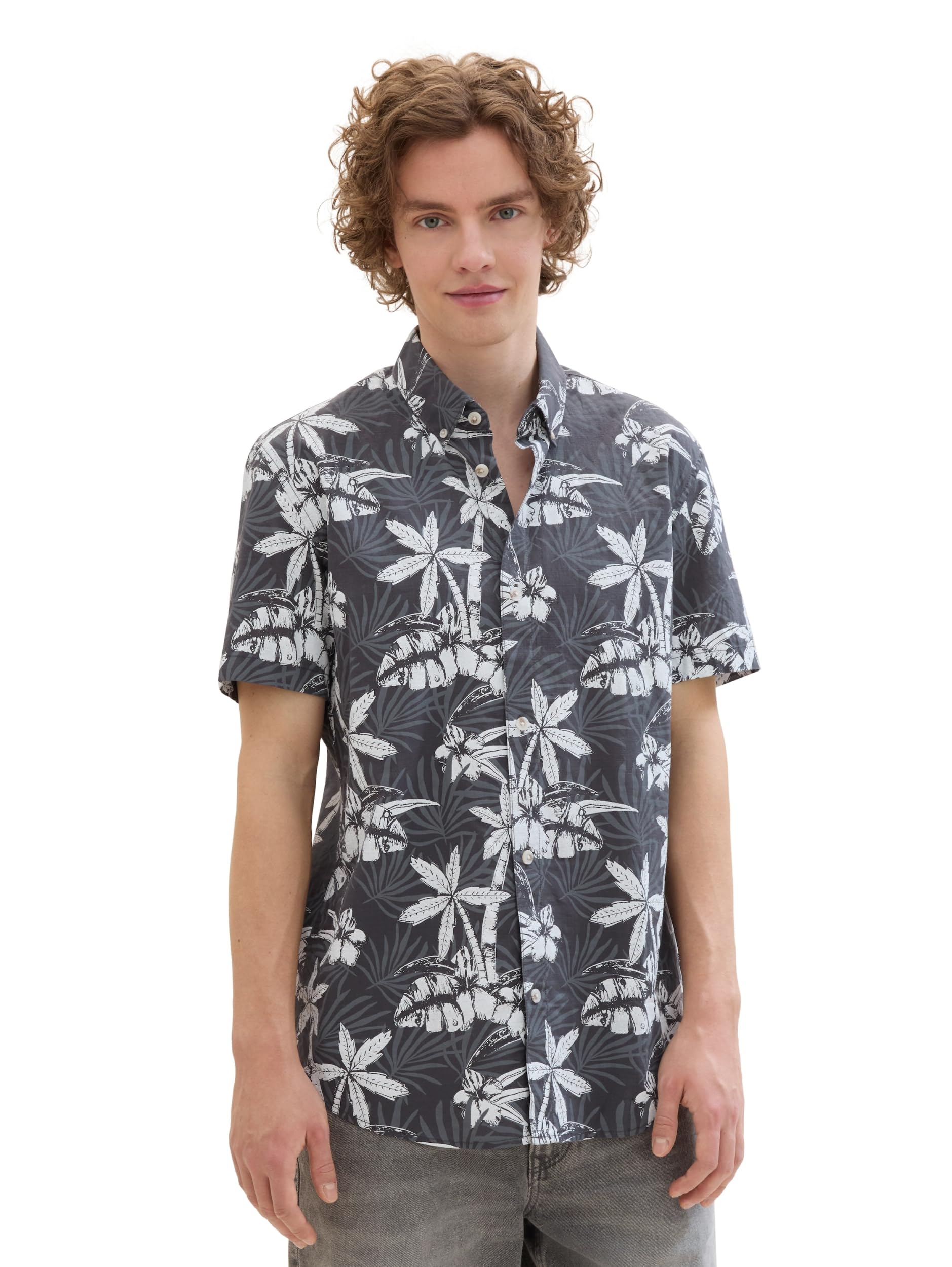 TOM TAILOR Denim Herren Kurzarm Hemd mit Palmen-Muster, 35502 - grey white tropical print, M