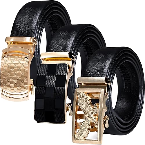 Barry.Wang Cinturón de trinquete 3 hebillas Set de regalo para hombre Cinturones de cuero de grano hebilla automática 1 38 "Día del Padre Negocios