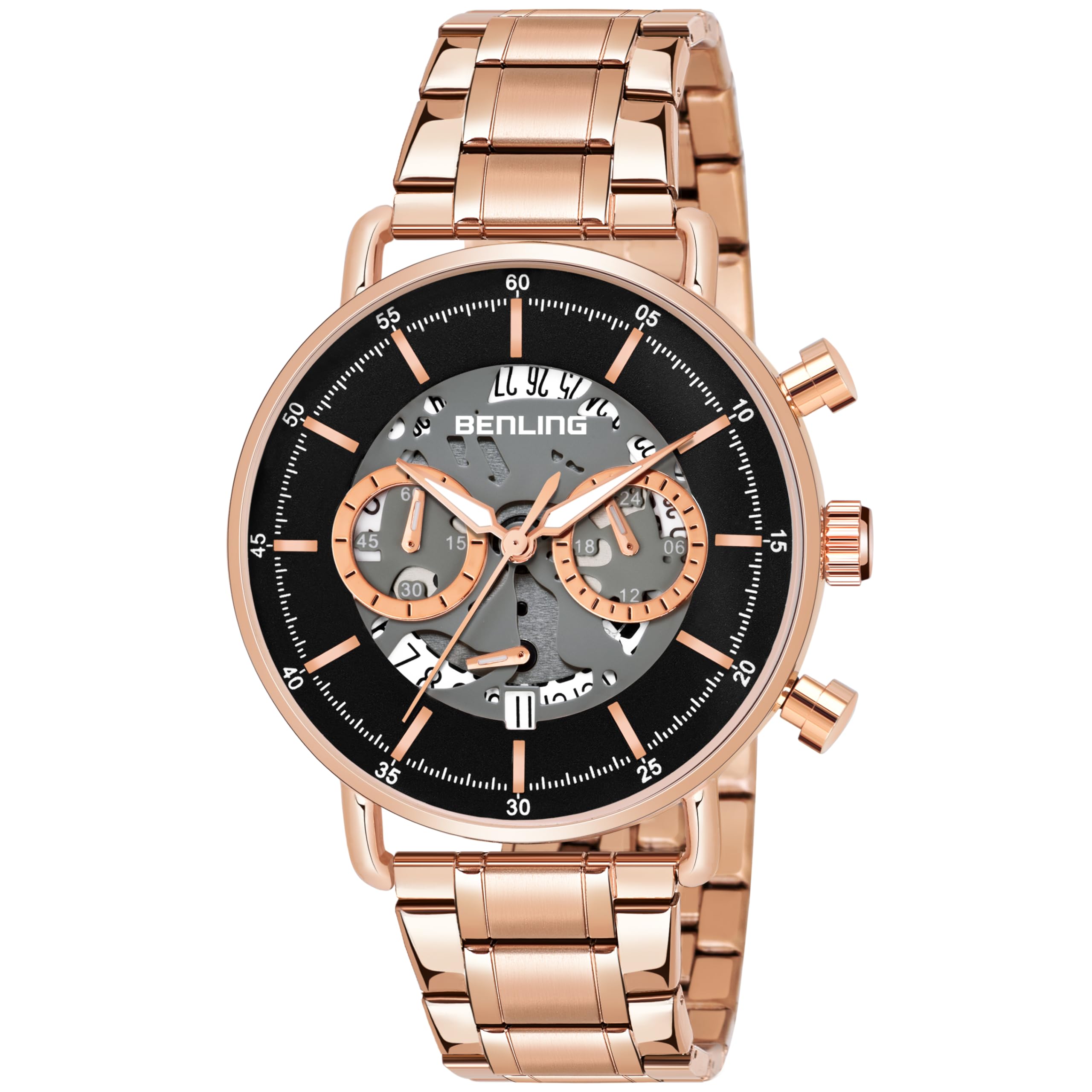 Benling 1033 Chronograph Analog Watch for Men, Casual Formal Wear, Stainless Steel, Water Resistant Upto 30 Meters - Rose Gold/Black (B0D47GMGMC) Amazon Price History, Amazon Price Tracker