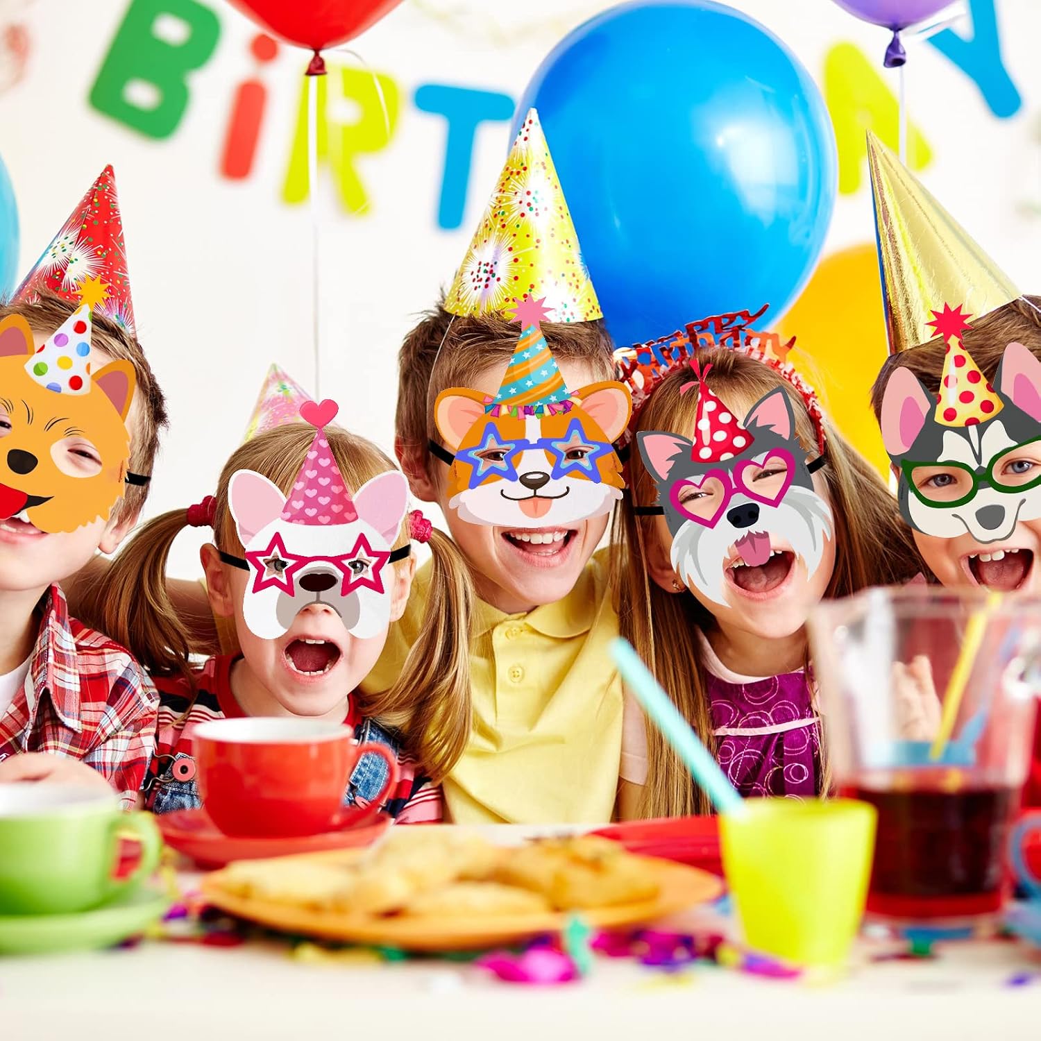 24 Pcs Dog Party Masks Puppy Themed Birthday Party Favors | Soft Felt Face Designs with Hats Elastic Bands, Costume Cosplay Accessories, Pet Birthday Decorations, Photo Booths