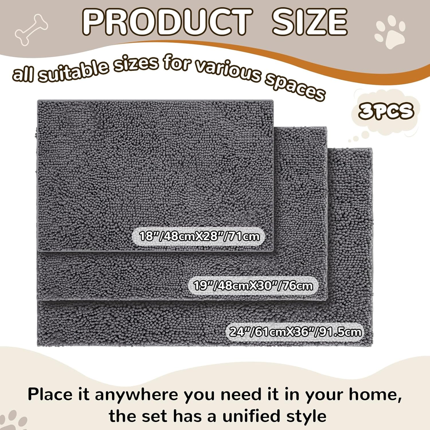 Pack of 3 Mud Mats for Dogs Mud Paws Absorbent Microfiber Dog Rugs Doormats, 18x28, 19x30, 24x36, 3 Sized Non-Slip Washable Pet Rug Quick Dry Chenille Entryway Carpet Indoor Outdoor Grey Mats - Image 3