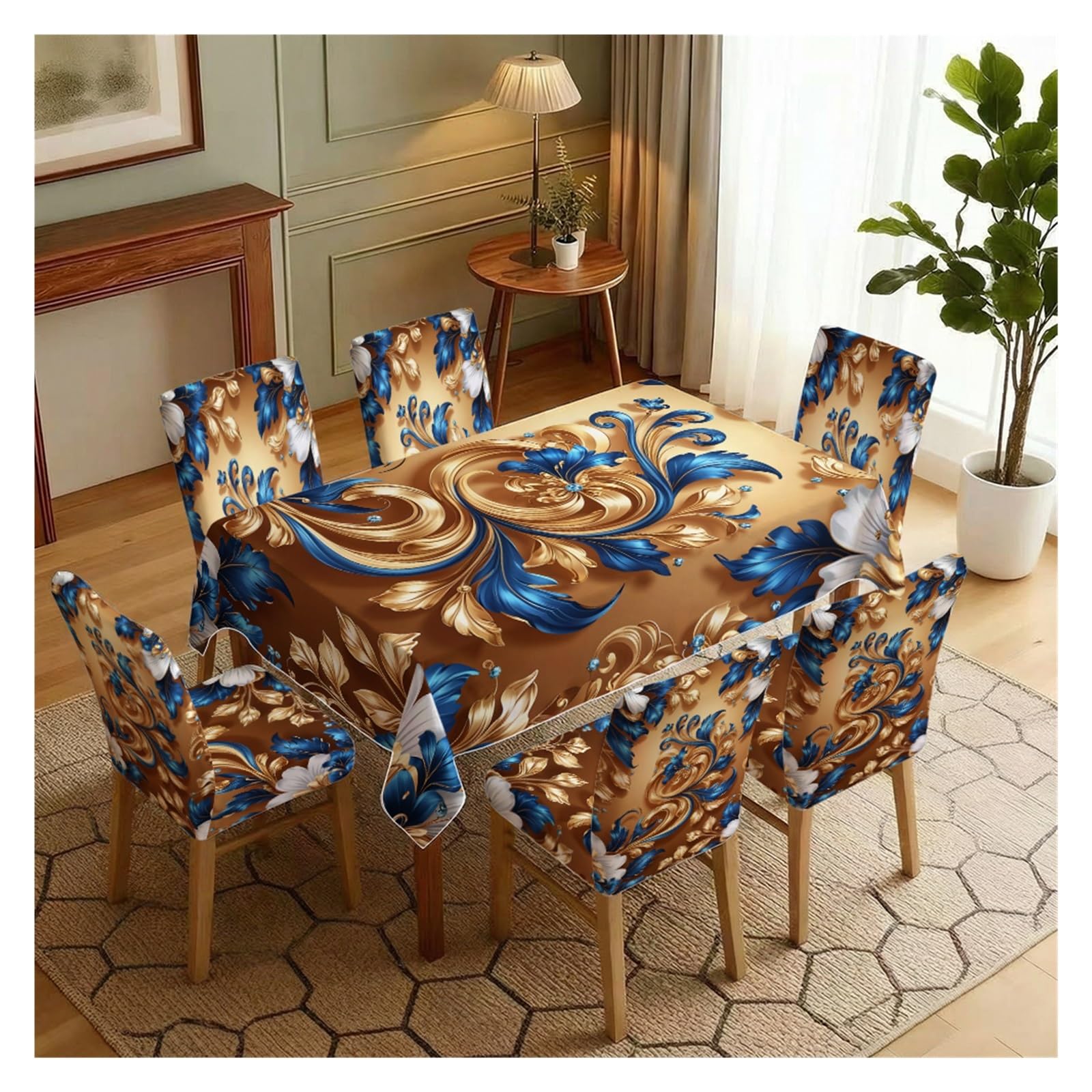 KXUAUV Luxury Blue Gold Baroque Print Tablecloth And Chair Covers Set, Stretch Slipcovers For Wedding Banquet Formal Dining Room Decor, 5/7 Pack Party Decor(7pcs Set: Tablecloth+Chair Covers)