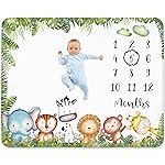 Safari Milestone Blanket for Boy - Jungle Animals Theme, Monthly Tracker with Wreath, Soft Fleece 50x40, Newborn Photo Prop, Cute Nursery Decor for New Moms