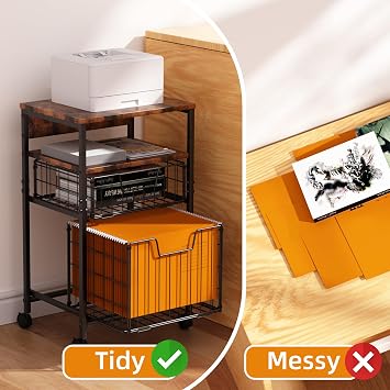 4-Tier Rolling File Cart | 2-Drawer Mobile Filing Cabinet & Printer Stand with Hanging Organizer - Dark Brown