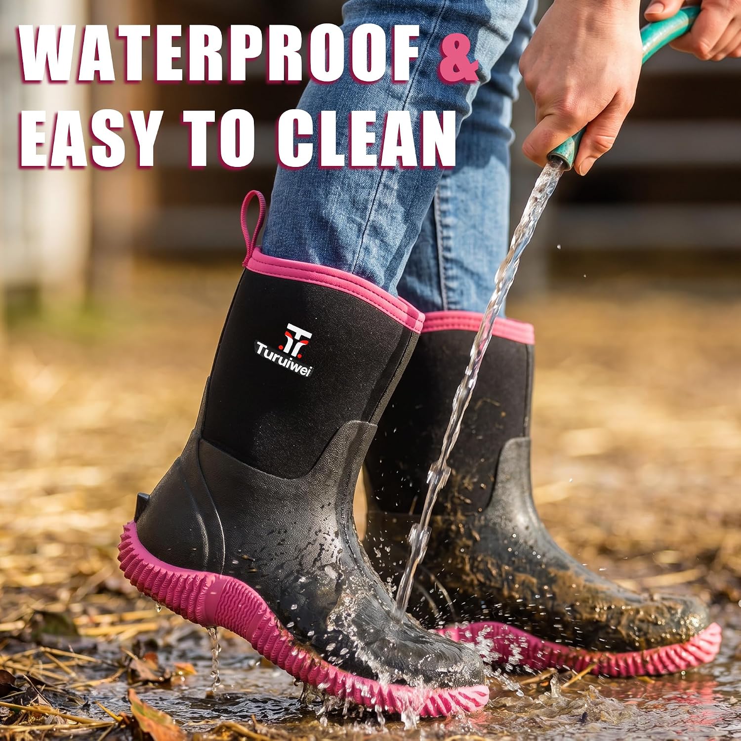 Rubber Boots for Women,Rain Boots with Steel Shank, Waterproof Insulated Mid Calf Neoprene Garden Boots, Anti-slip Outdoor Boots Multi-season