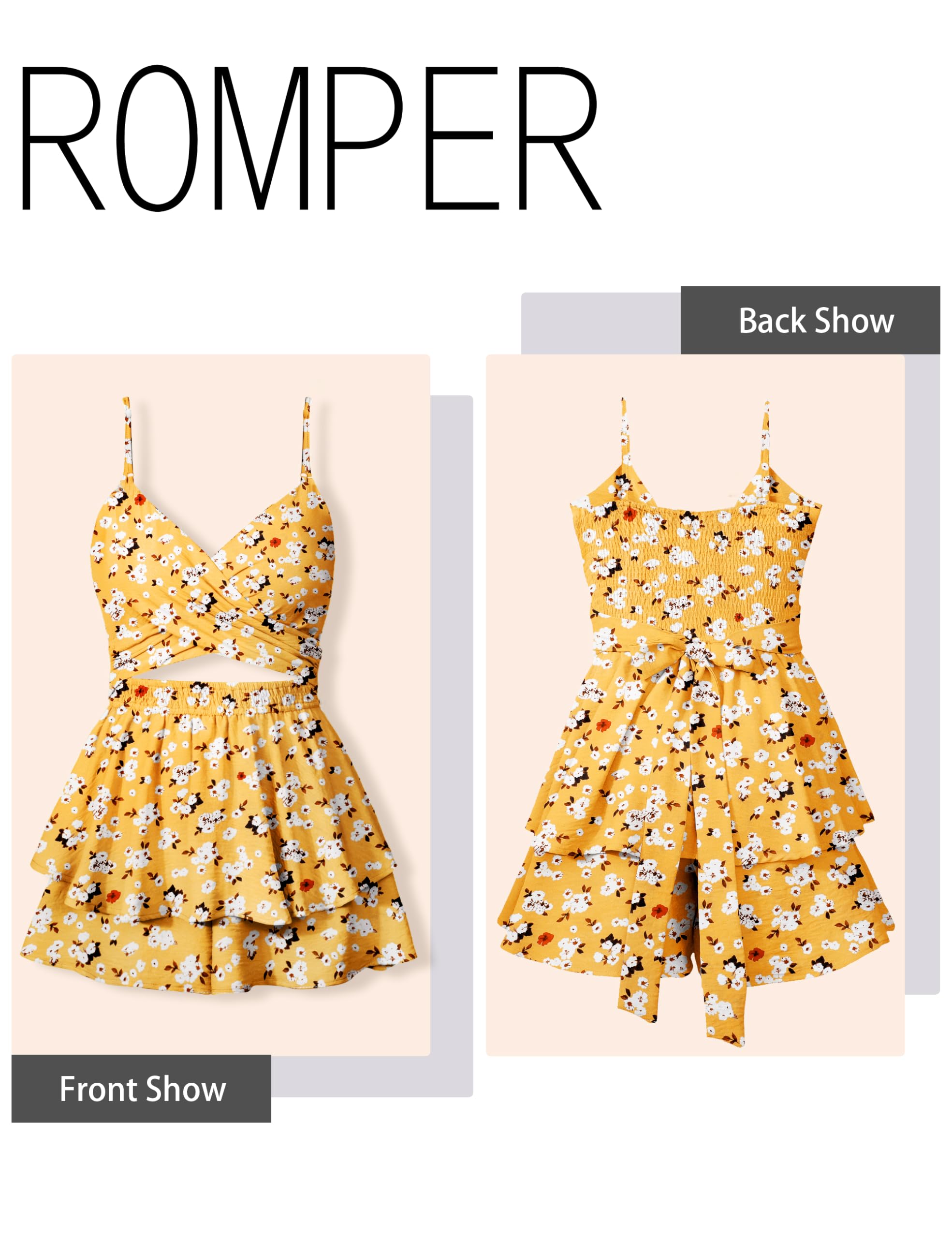 AGERWAY Women's Jumpsuit Sexy V Neck Twist Spaghetti Straps Double Layer Ruffle Hem Mini Short Romper