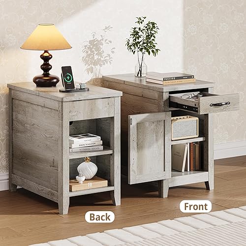 Miniatura 5 de IRONCK End Table with Charging Station, Narrow Side Table for Living Room, Night Stand Set of 2 with Drawer and Cup Holder, Farmhouse Bedside Table