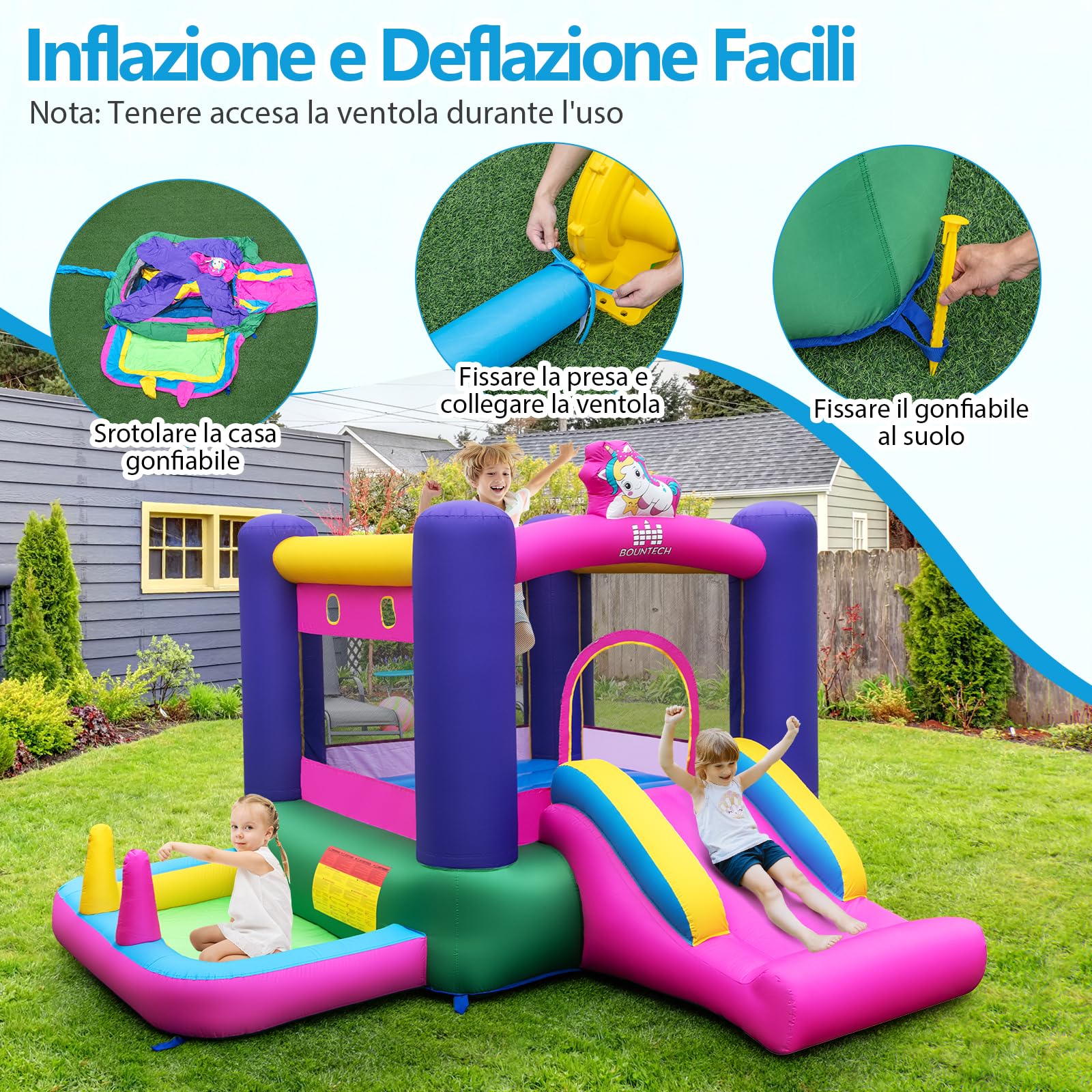 COSTWAY Castello Gonfiable 6 in 1 per Bambini con Scivolo, Castello Gonfiabile con Trampolino, Piscina e Canestro Basket, Gioco Gonfiabile da Interno ed Esterno, per Bambini da 3 a 12 Anni