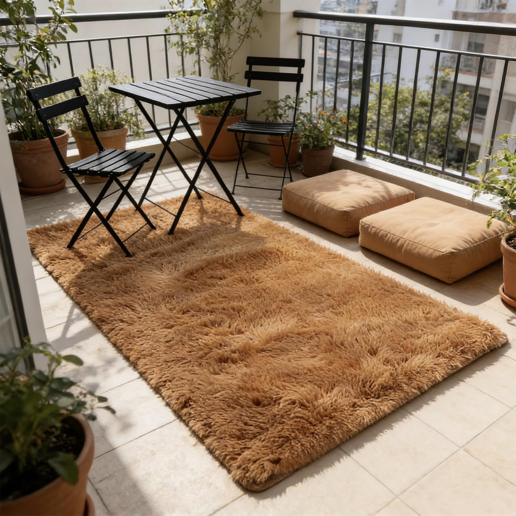 Tapis de salon élégant marron à poils longs finitions premium 183 x 230 cm