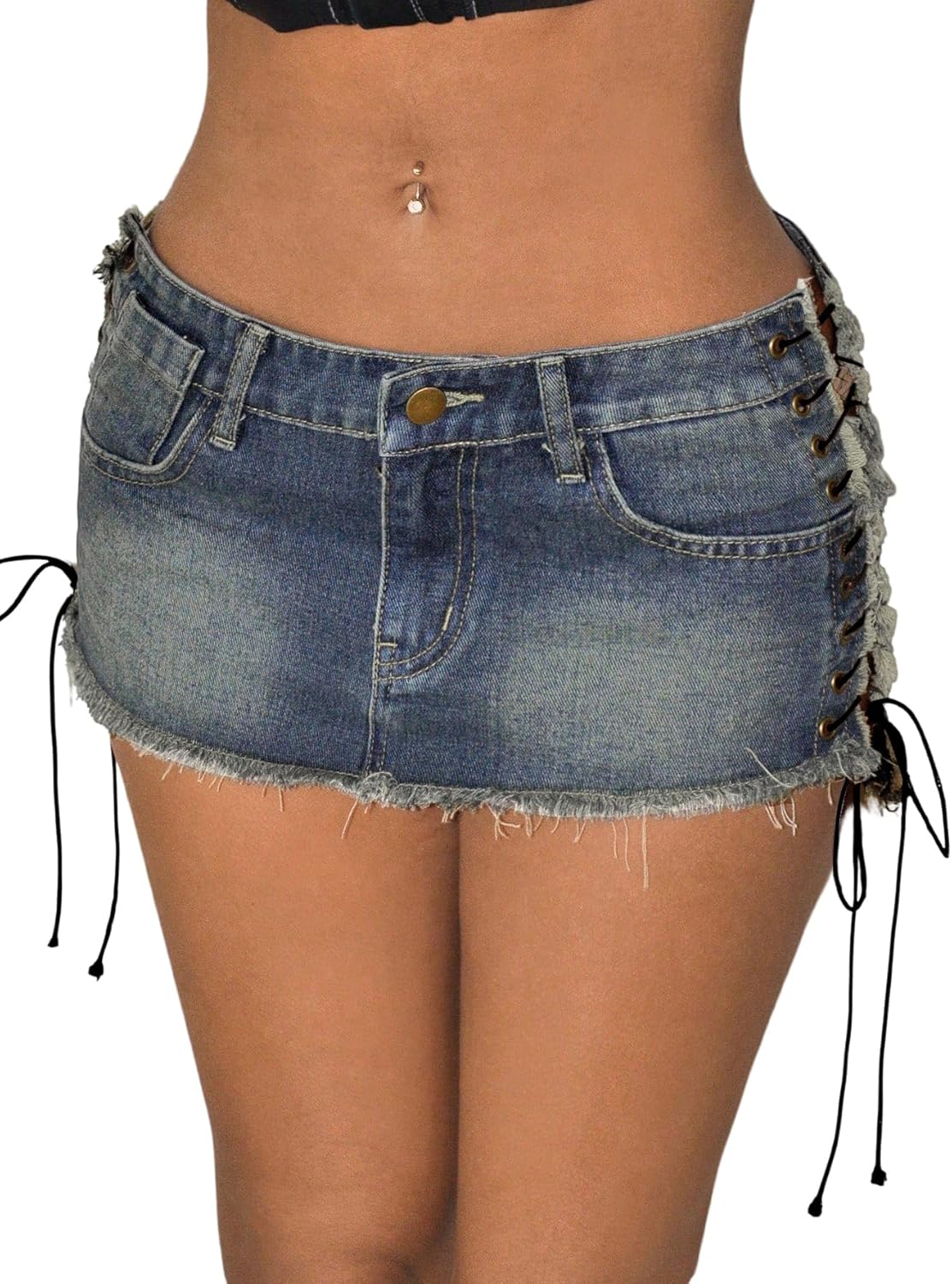 WDIRARA Women's Lace Up Side Bodycon Denim Mini Skirt Y2k Low Rise Frayed Hem Jean Skirts