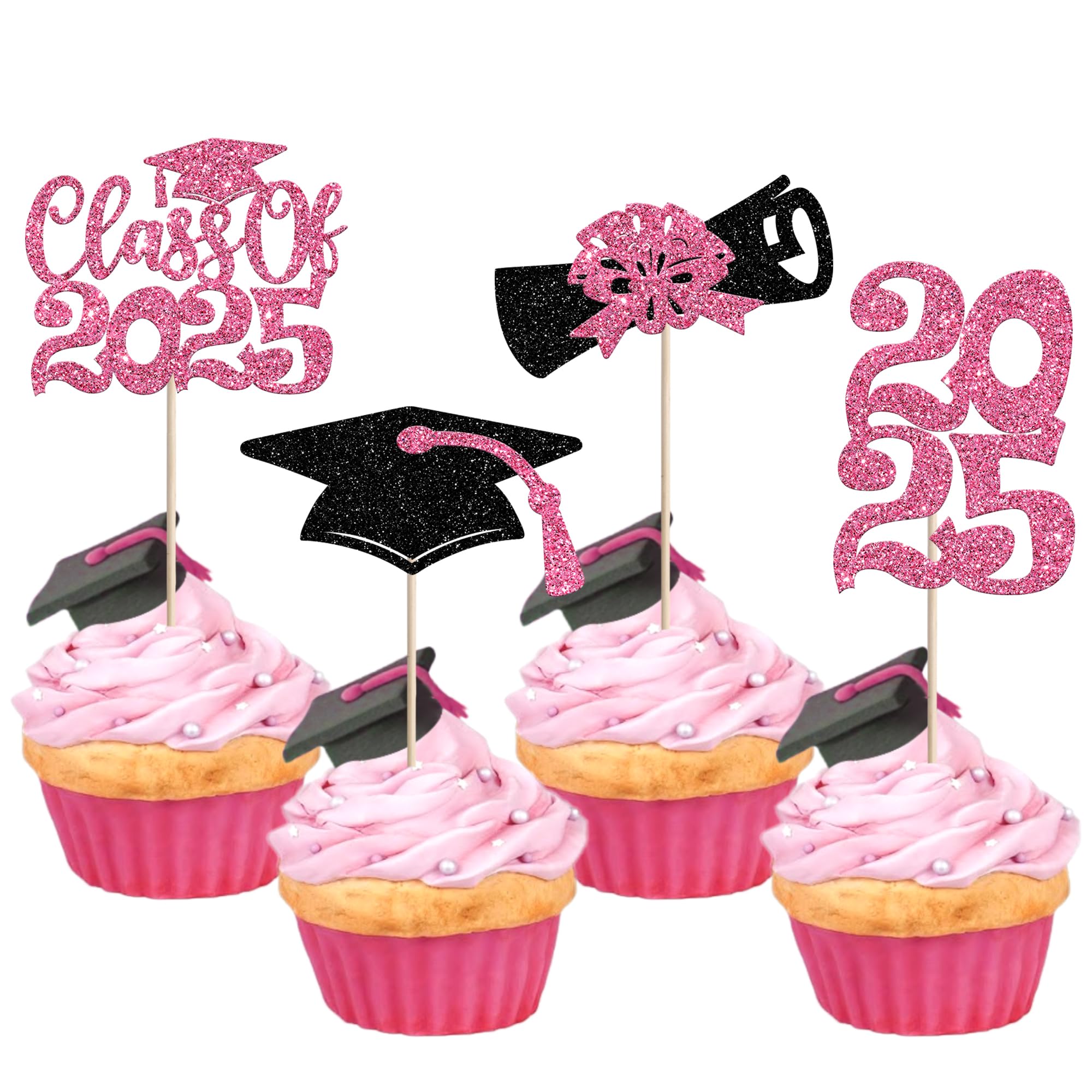 24 PCS 2025 Graduation Cupcake Toppers Glitter Diploma Congrats Grad Cap Cupcake Picks Class of 2025 Cake Decorations for 2025 School Graduation Theme Party Cake Decorations Supplies Pink