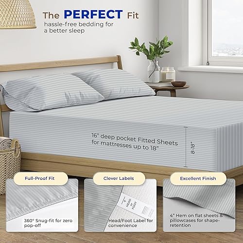 Vista 138 de THREAD SPREAD Hotel Collection - Juego de sábanas de 600 hilos de algodón egipcio, satinado, 4 piezas, Blanco, King