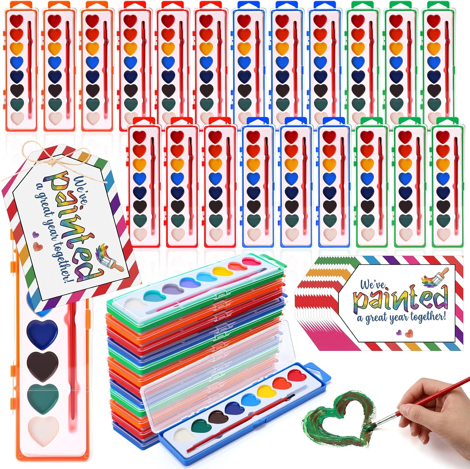 Poola Voidra 24 Pack End of The Year Gift for Student Watercolor Paint Sets 8 Heart Shape Washable Water Color Paints with Card and Rope for Graduation Party Exchange Gift Classroom Awards