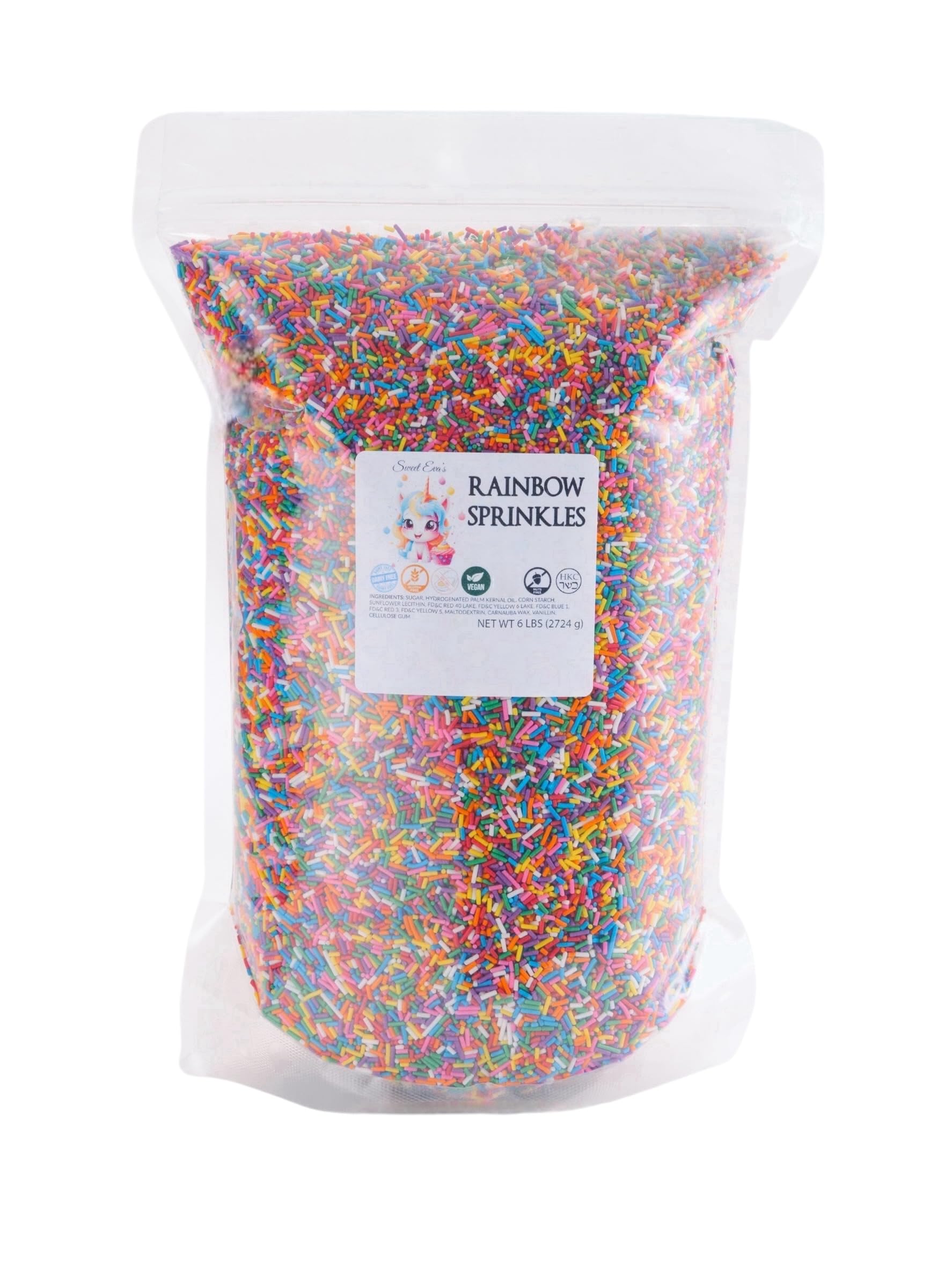 RAINBOW SPRINKLES 6lbs; Dairy Free, Gluten-free, Egg Free, Vegan, Nuts Free, Kosher, Sprinkle Medley Mix, For Baking, Decorating, Cookies, Cupcakes, Cakes, Topping, Jimmies, Sugar Shapes, Large Pouch, 6 LBS, CRUNCHY!