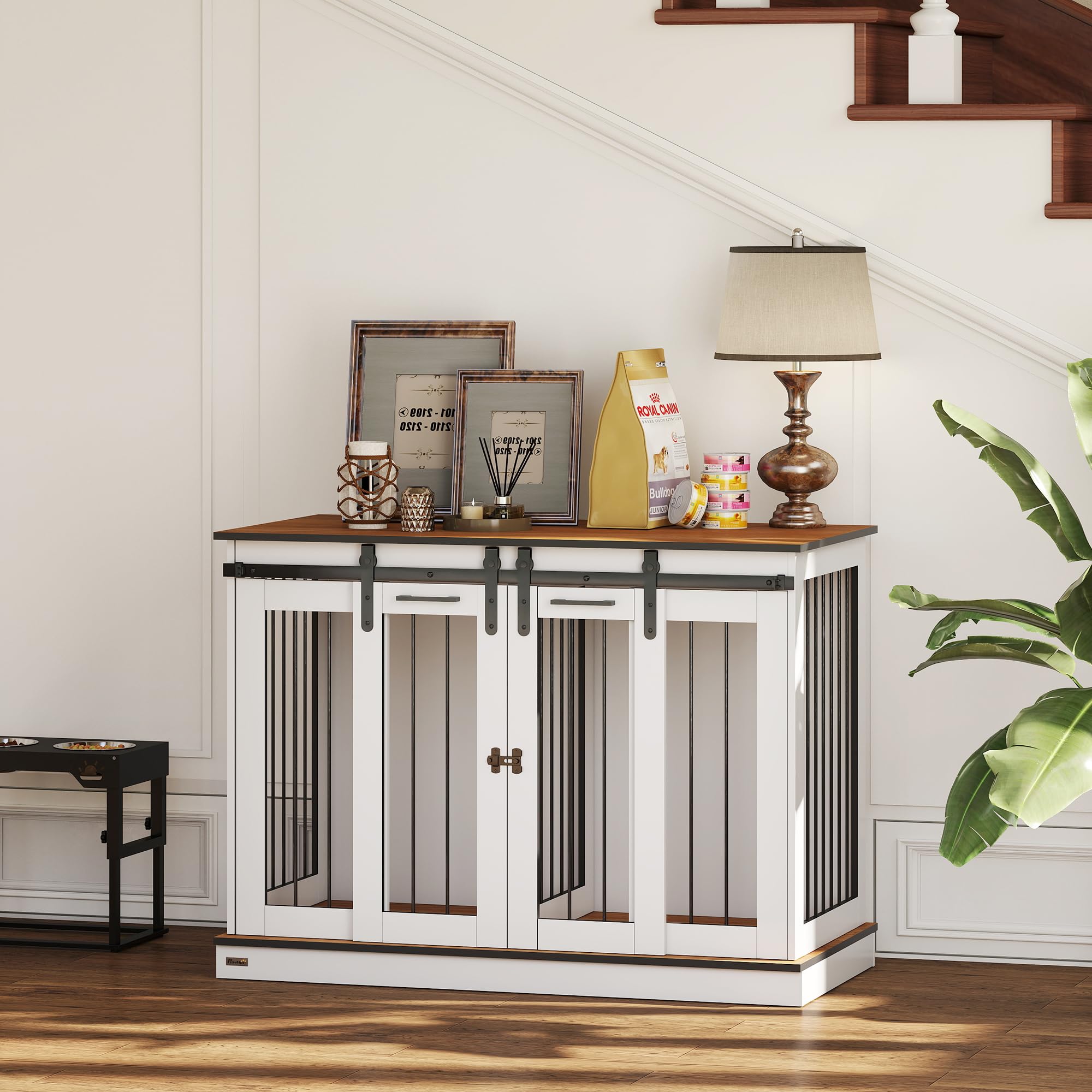 PawHut Hundekäfig Möbel mit Zweiraum-Option, 2 Türen Moderne Metall Hundebox für Zuhause Indoor Hundehütte für große Hunde bis zu 30 kg Hundehaus 120 x 60 x 88,5 cm Weiß