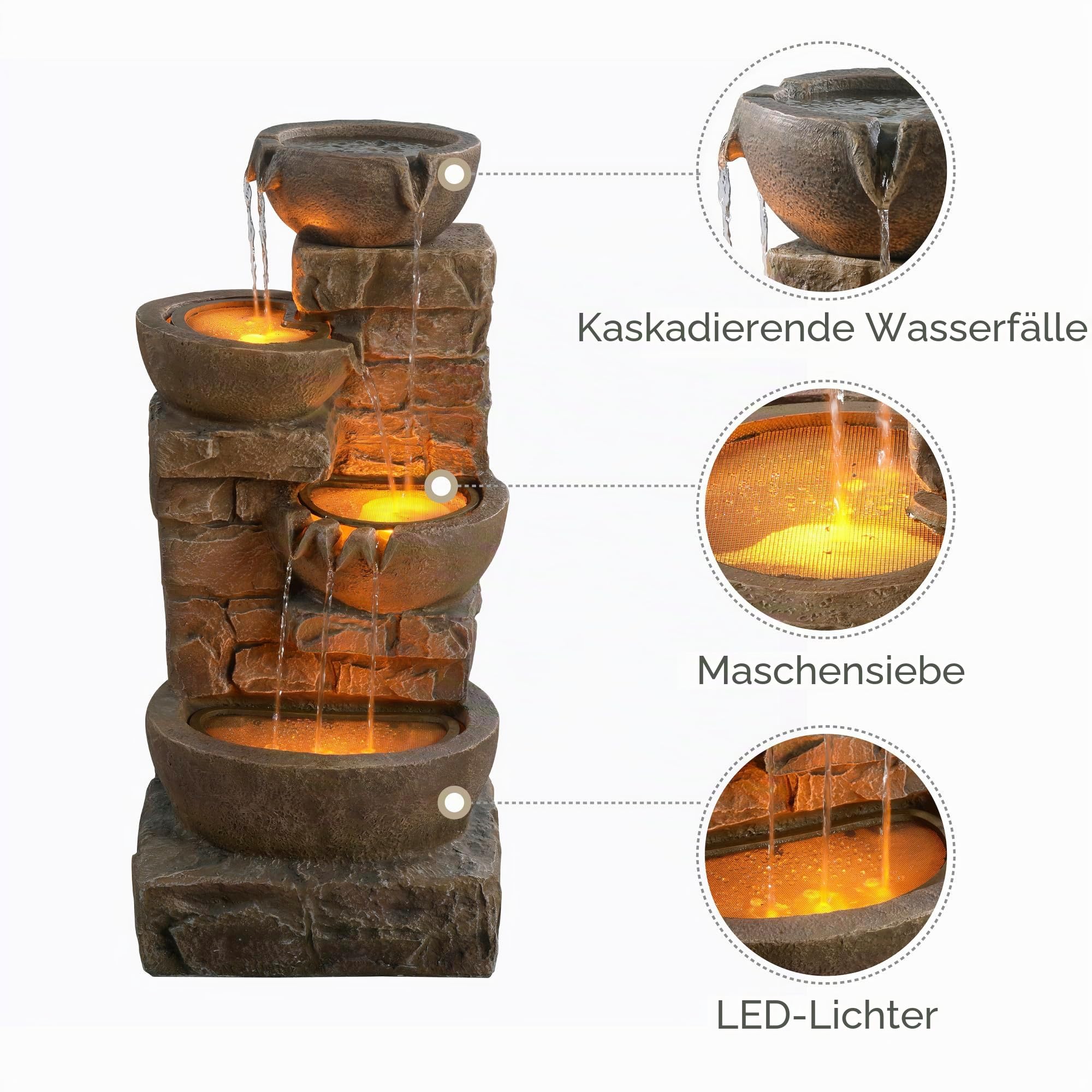Teamson Home 84,5 cm Kaskadierende Schalen & Gestapelte Steine LED Outdoor-Wasserbrunnen für Außenbereiche, Braun