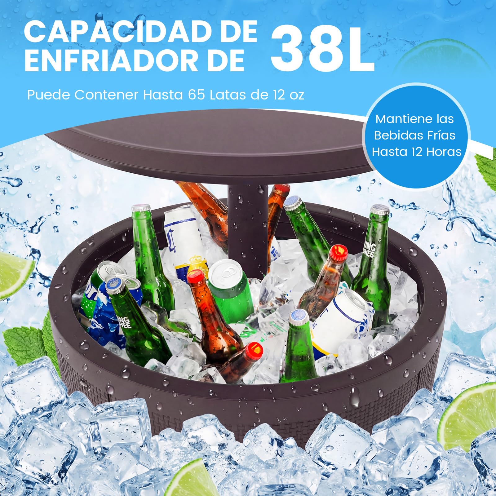COSTWAY 2 en 1 Mesa Nevera para Jardín, 30 L, Cool Bar para Cerveza y Vino con Tapa Elevable y Tapón de Drenaje, Mesa Auxiliar, Mobiliario Patio, Mesa Cóctel para Piscina, Terraza y Camping (Marrón)