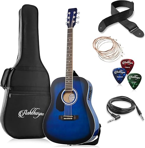 Ashthorpe Paquete de guitarra acústica y eléctrica para zurdos de tamaño completo, Tonewoods premium, color azul