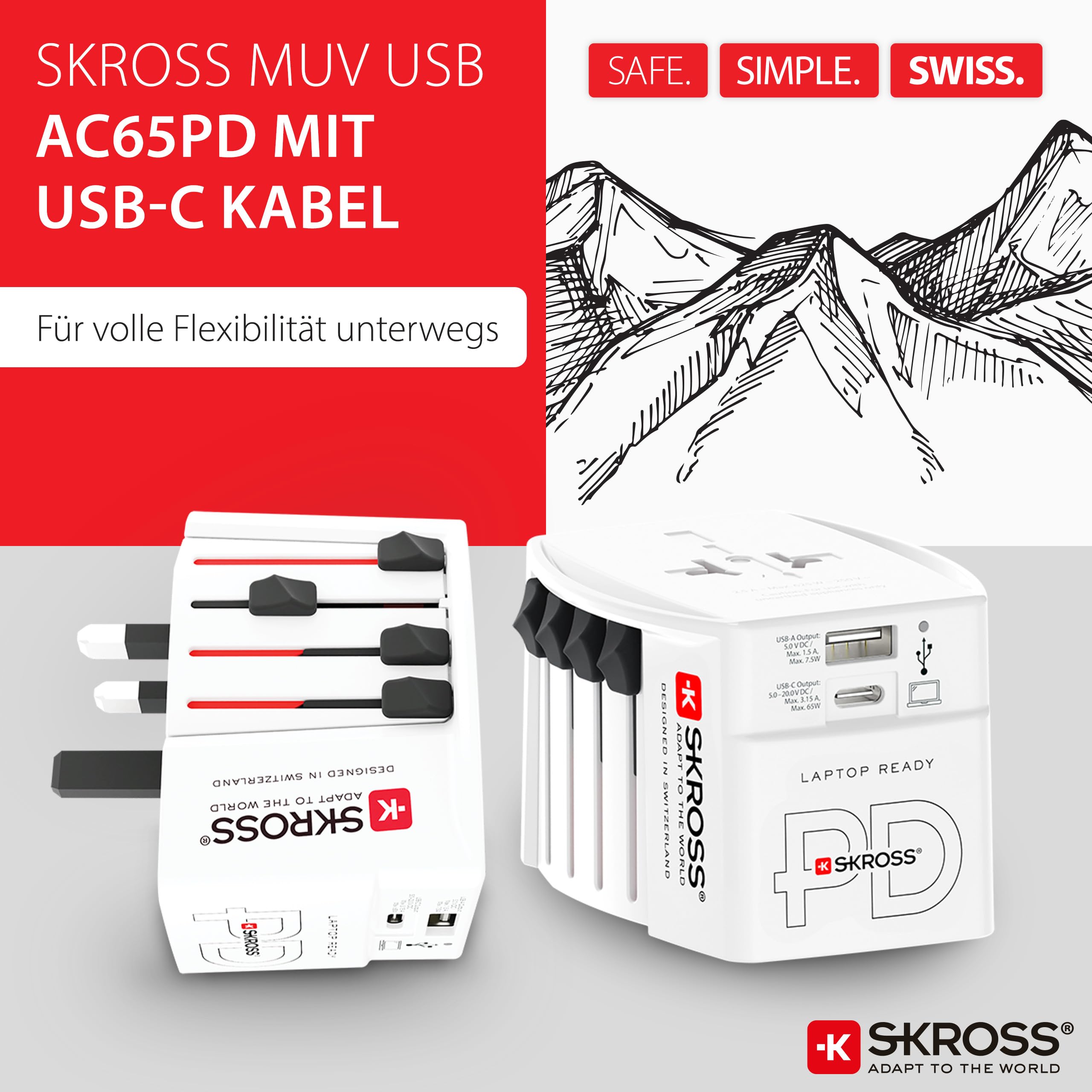 SKROSS -MUV USB AC65PD z kablem USB-C (160 cm) – 2-biegunowy uniwersalny adapter podróżny + 1 x USB C i 1 x USB 65 W – napięcie i moc: 100 V – 250 W/250 V – 625 W do laptopów, tabletów i smartfonów